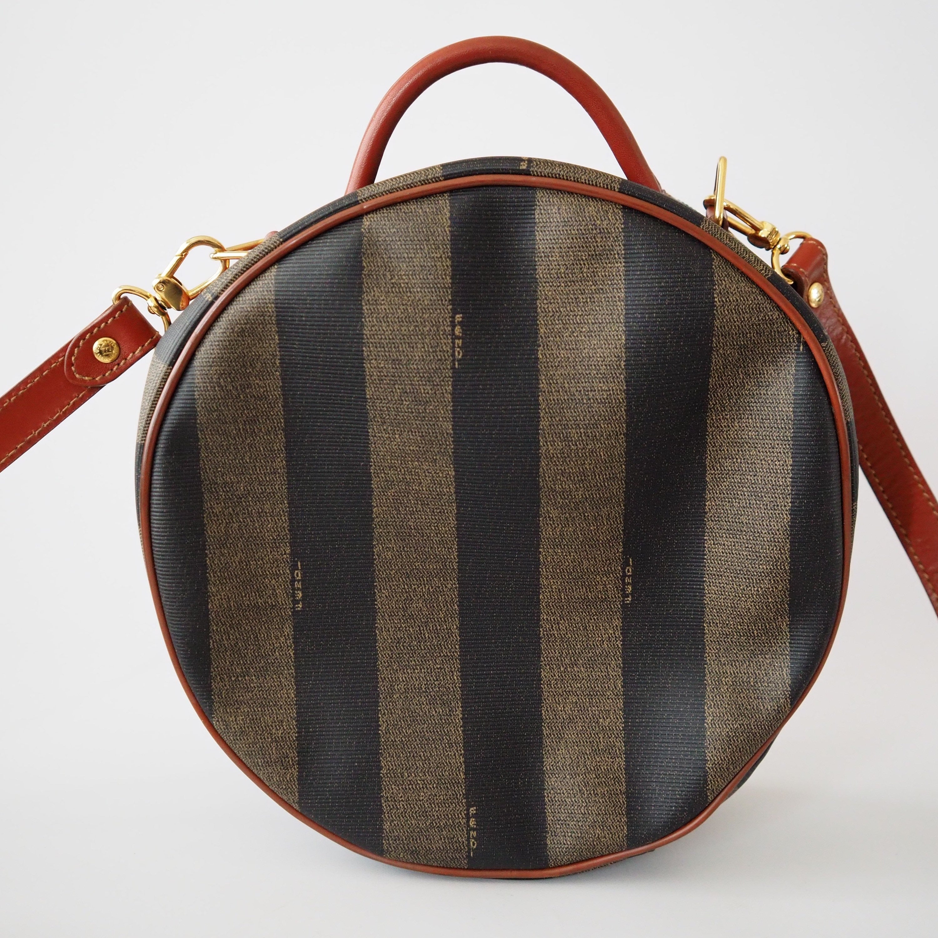 FENDI Pequin Stripe 2way Shoulder Hand Bag Brown PVC Leather Vintage Auth Rare!
