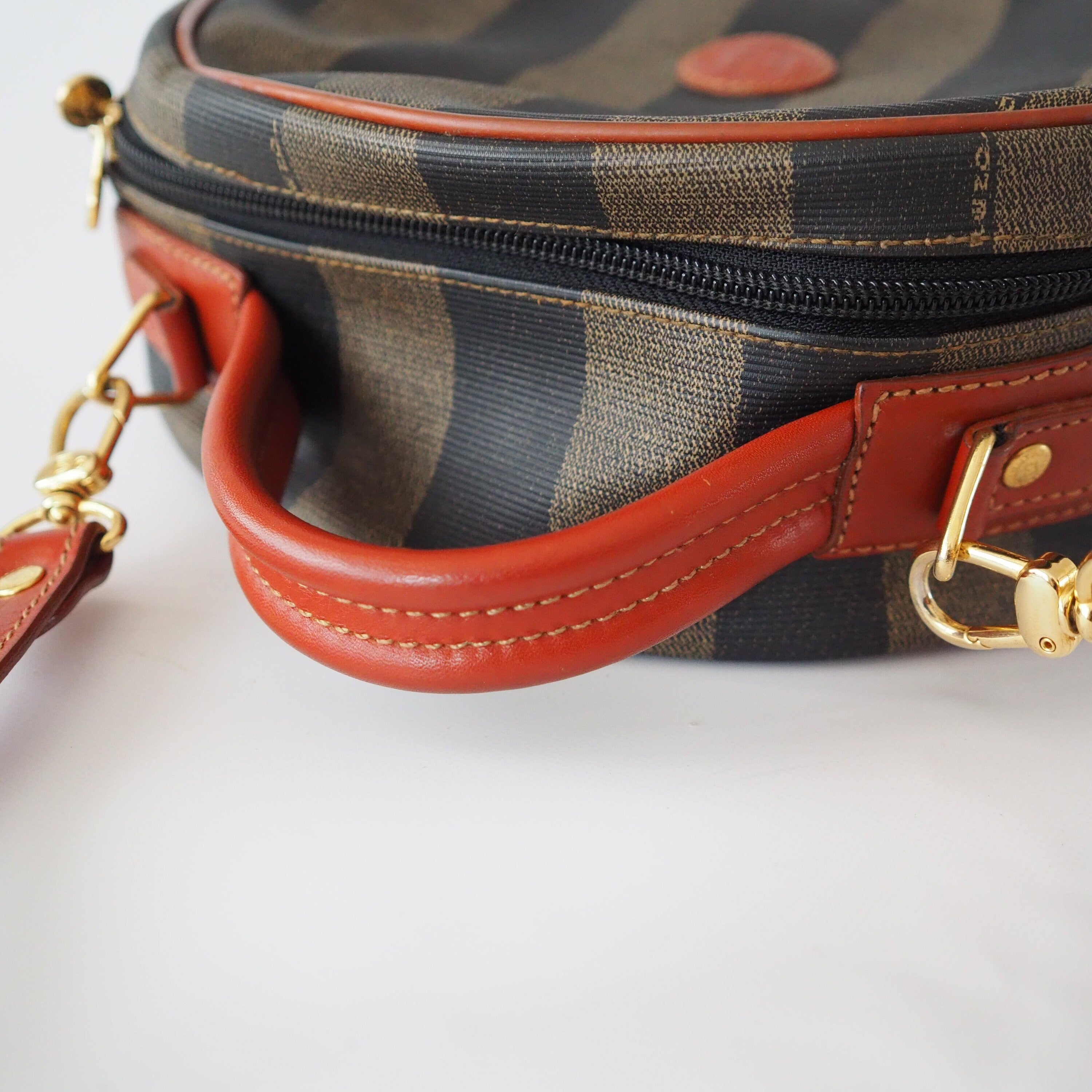 FENDI Pequin Stripe 2way Shoulder Hand Bag Brown PVC Leather Vintage Auth Rare!