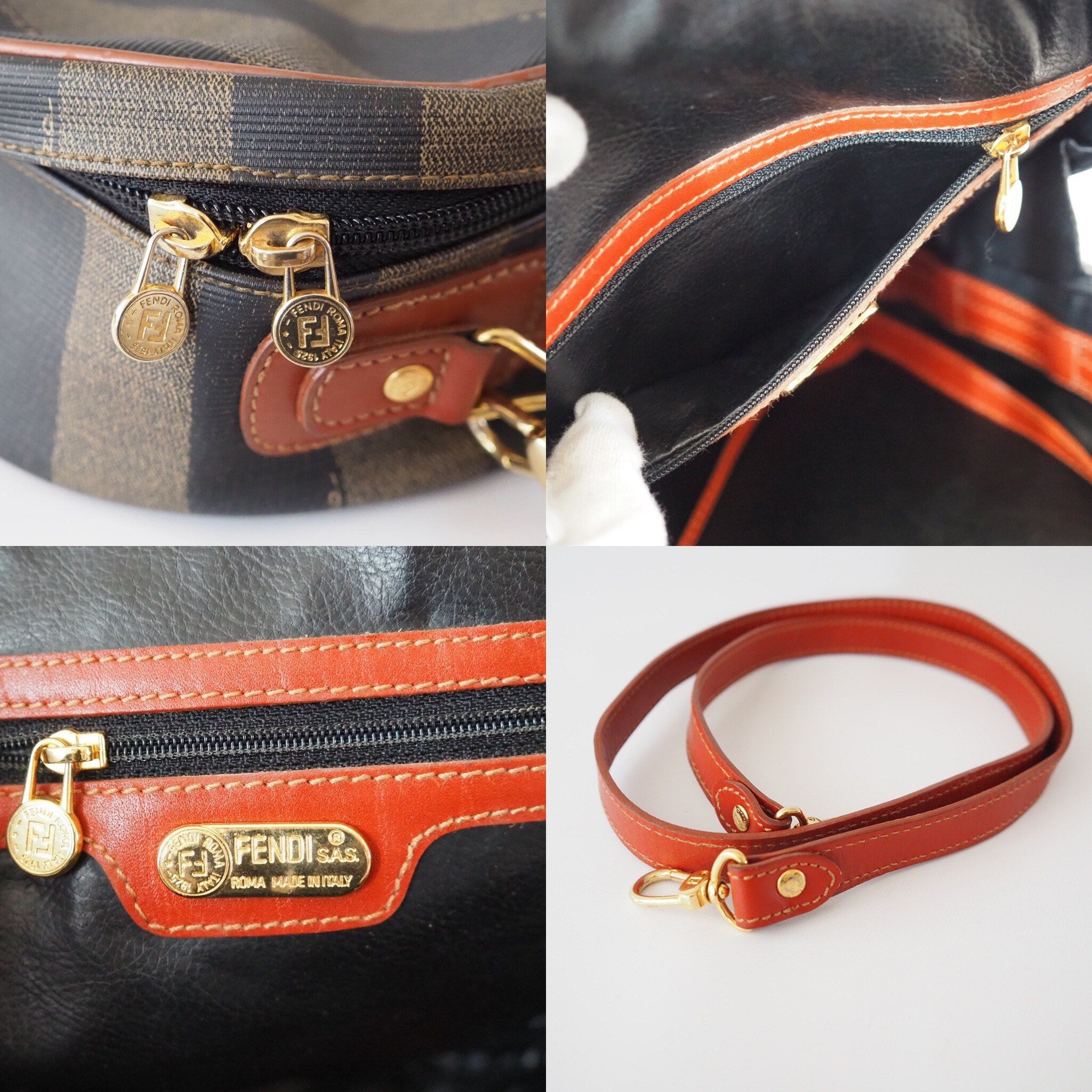 FENDI Pequin Stripe 2way Shoulder Hand Bag Brown PVC Leather Vintage Auth Rare!