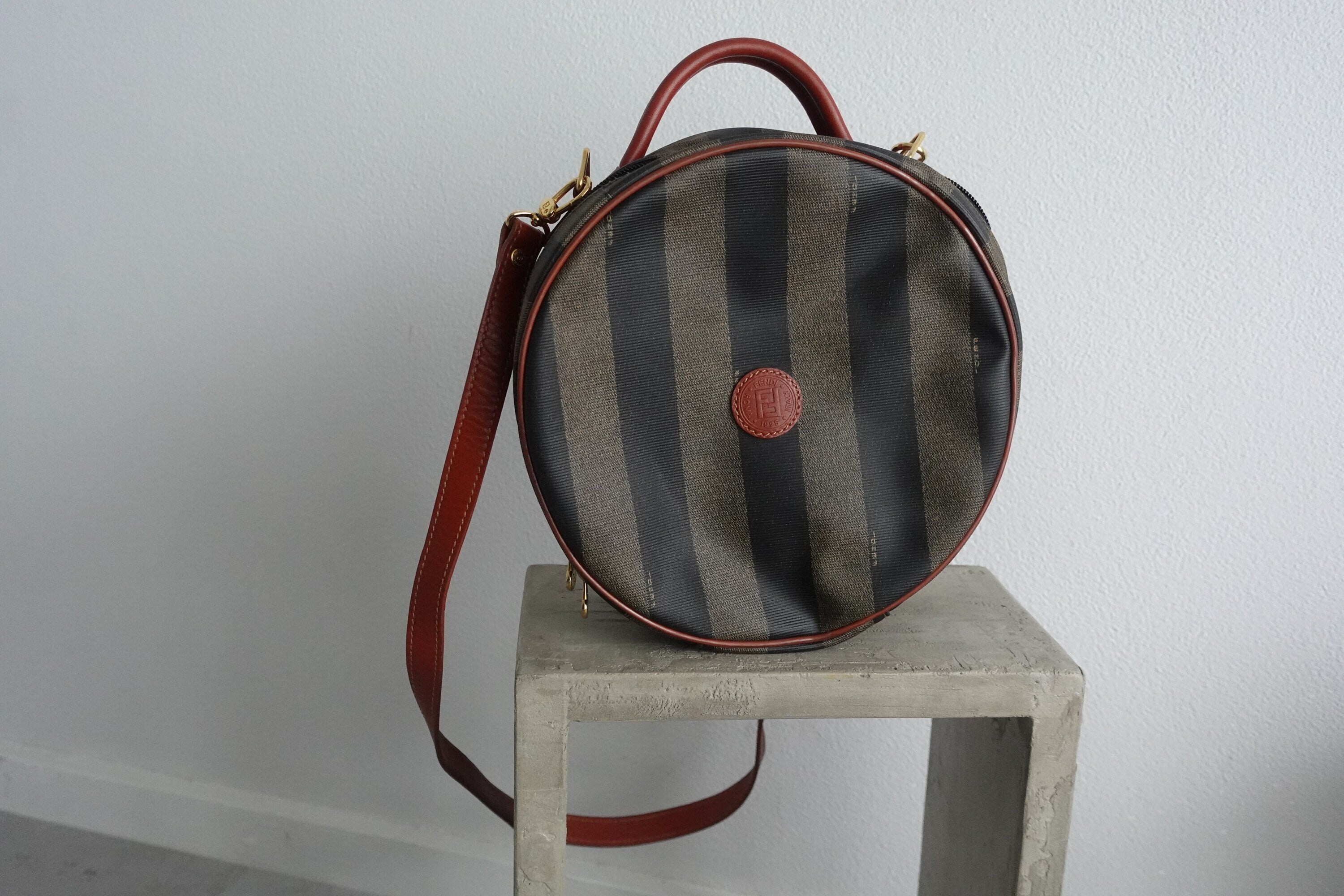 FENDI Pequin Stripe 2way Shoulder Hand Bag Brown PVC Leather Vintage Auth Rare!