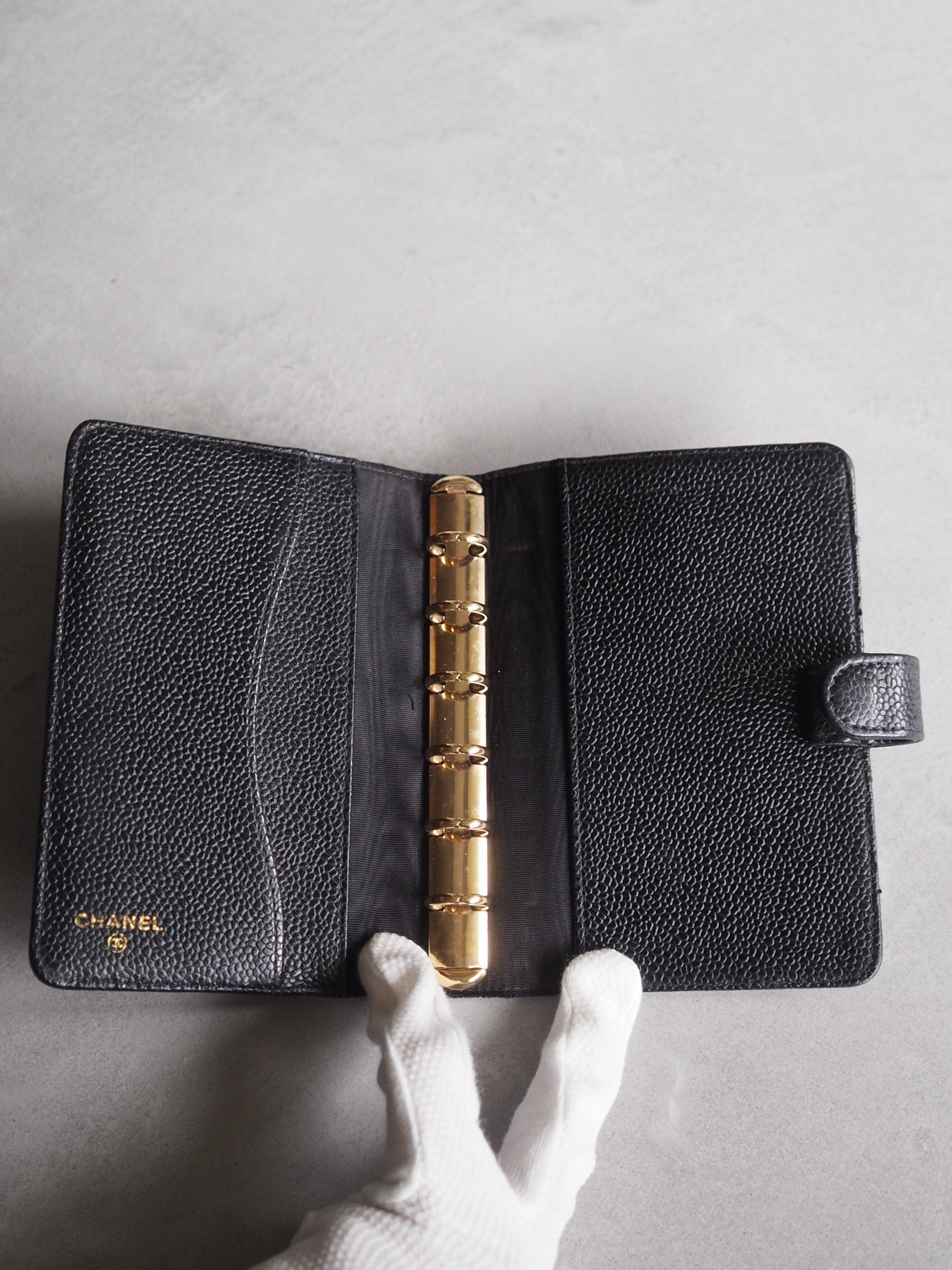CHANEL CC Logo Caviar Skin Leather 6 Ring Agenda Diary Black Vintage
