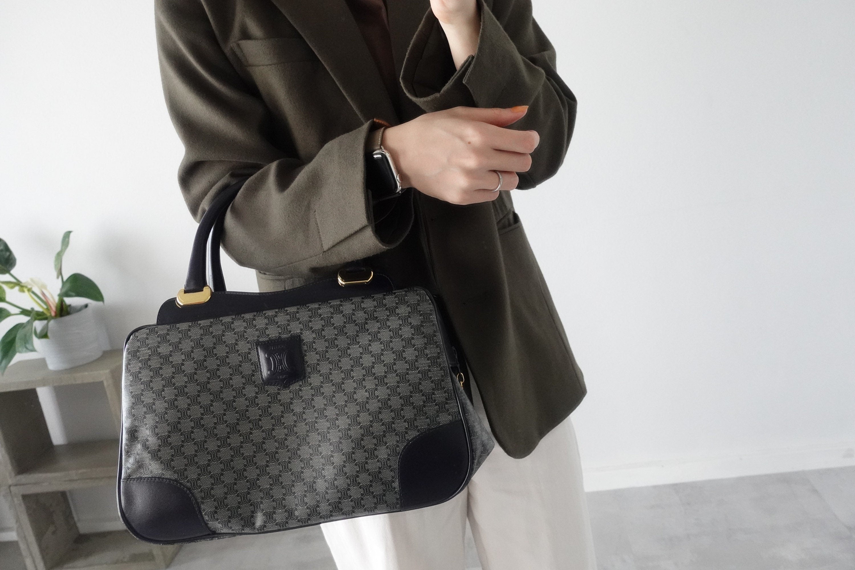 CELINE Macadam Hand Boston Bag Navy Vintage Authentic