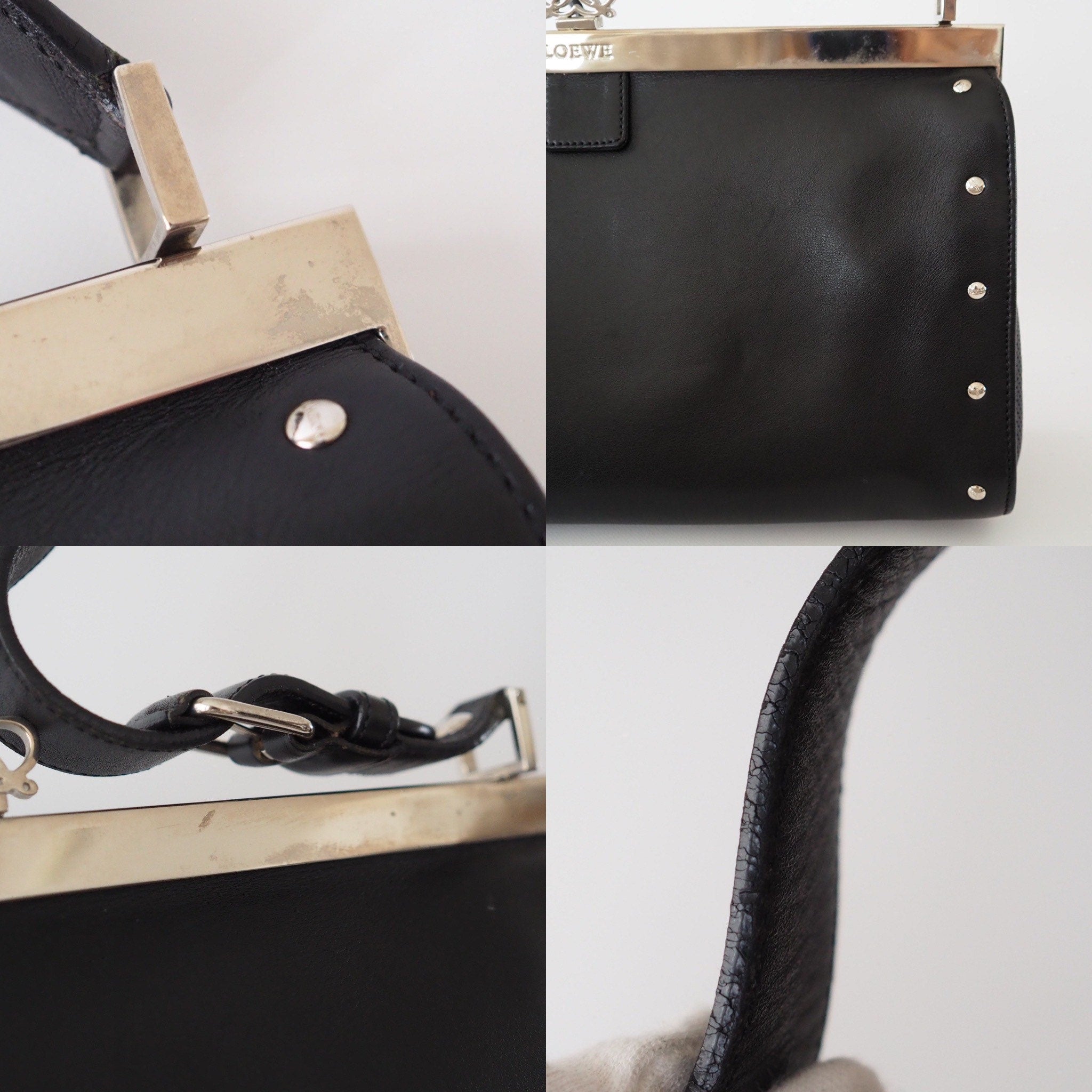 LOEWE Anagram Shoulder bag Black Leather Studs Vintage Authentic