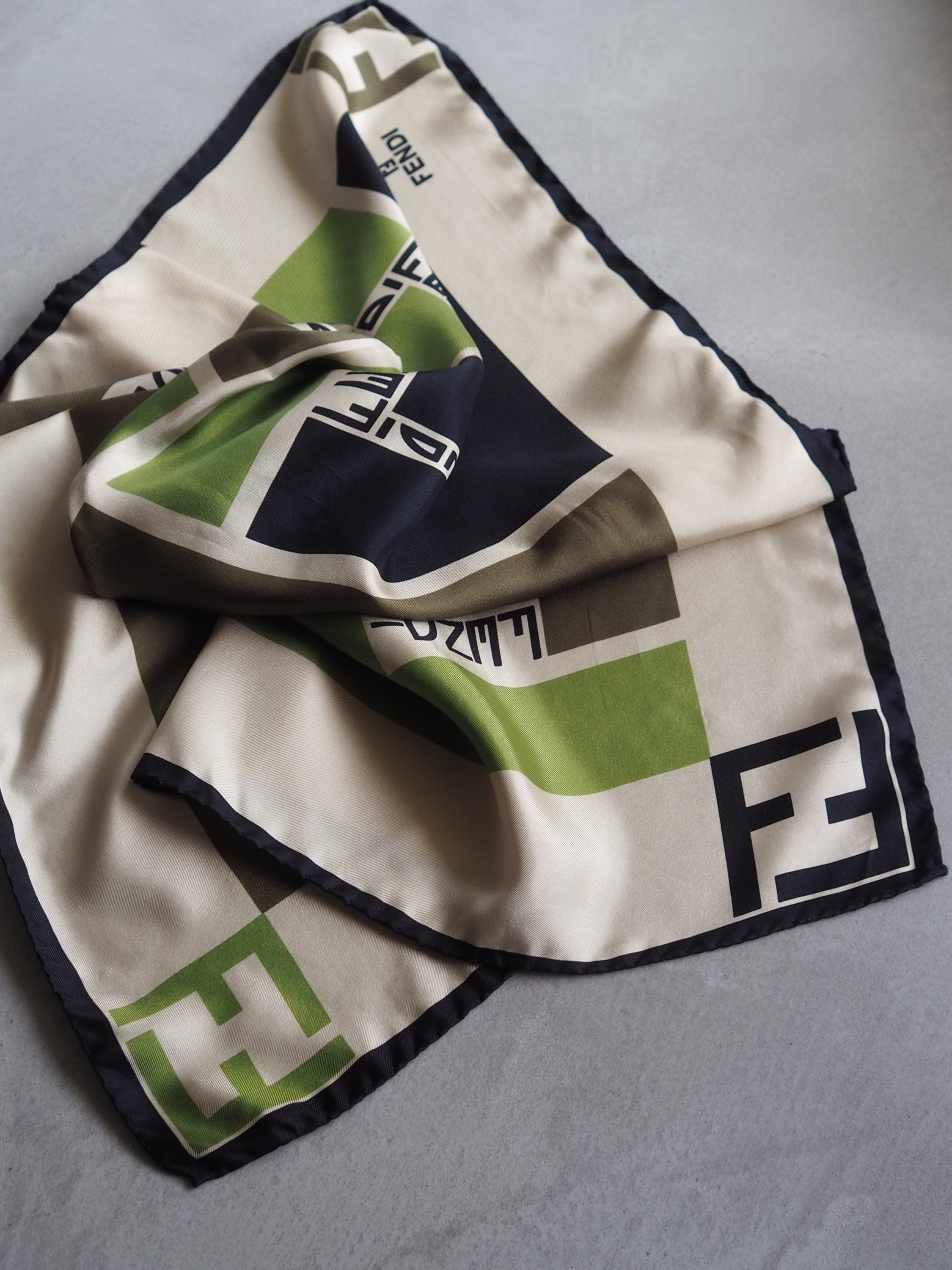 FENDI Zucca Logo Scarf Green Silk 100% Brown Beige Authentic
