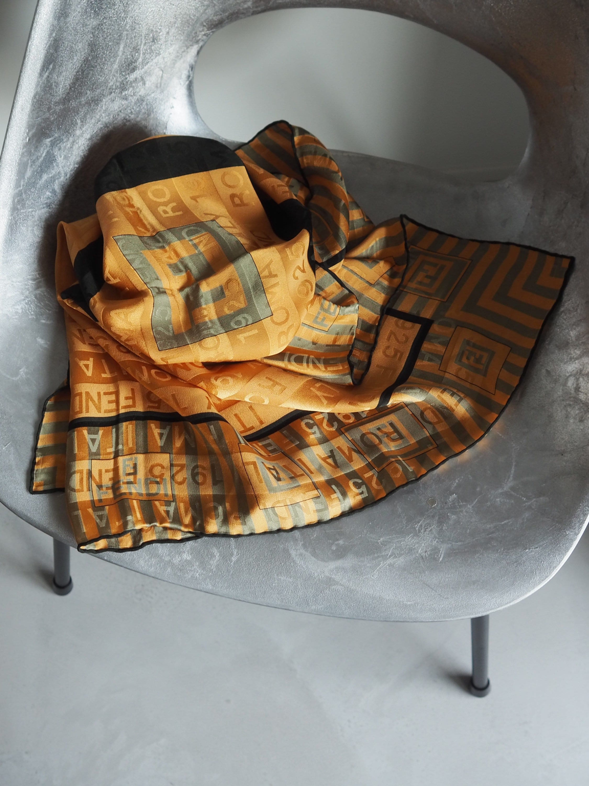 FENDI Zucca Stripe Logo Scarf Silk 100% Brown Black Authentic