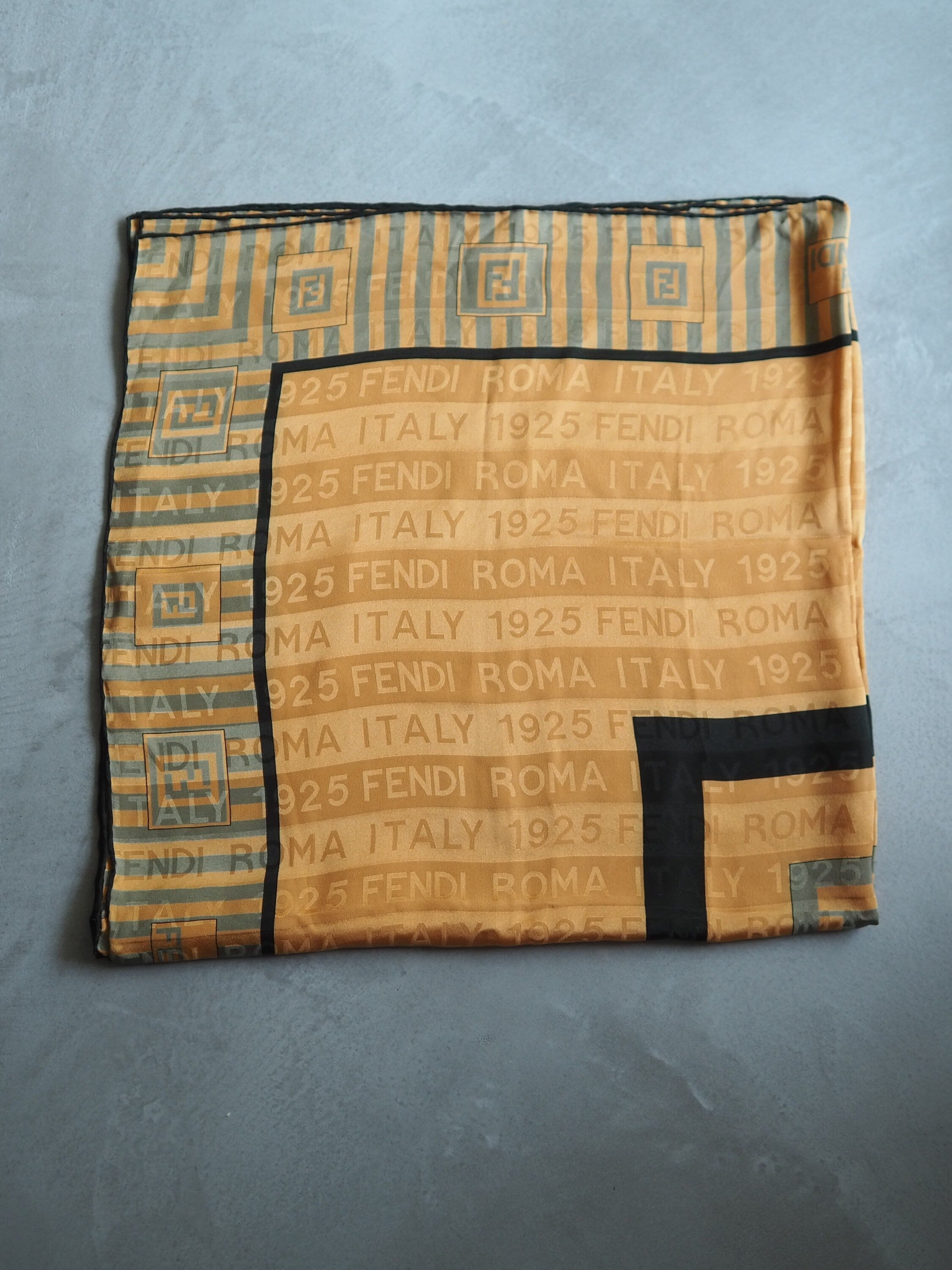 FENDI Zucca Stripe Logo Scarf Silk 100% Brown Black Authentic