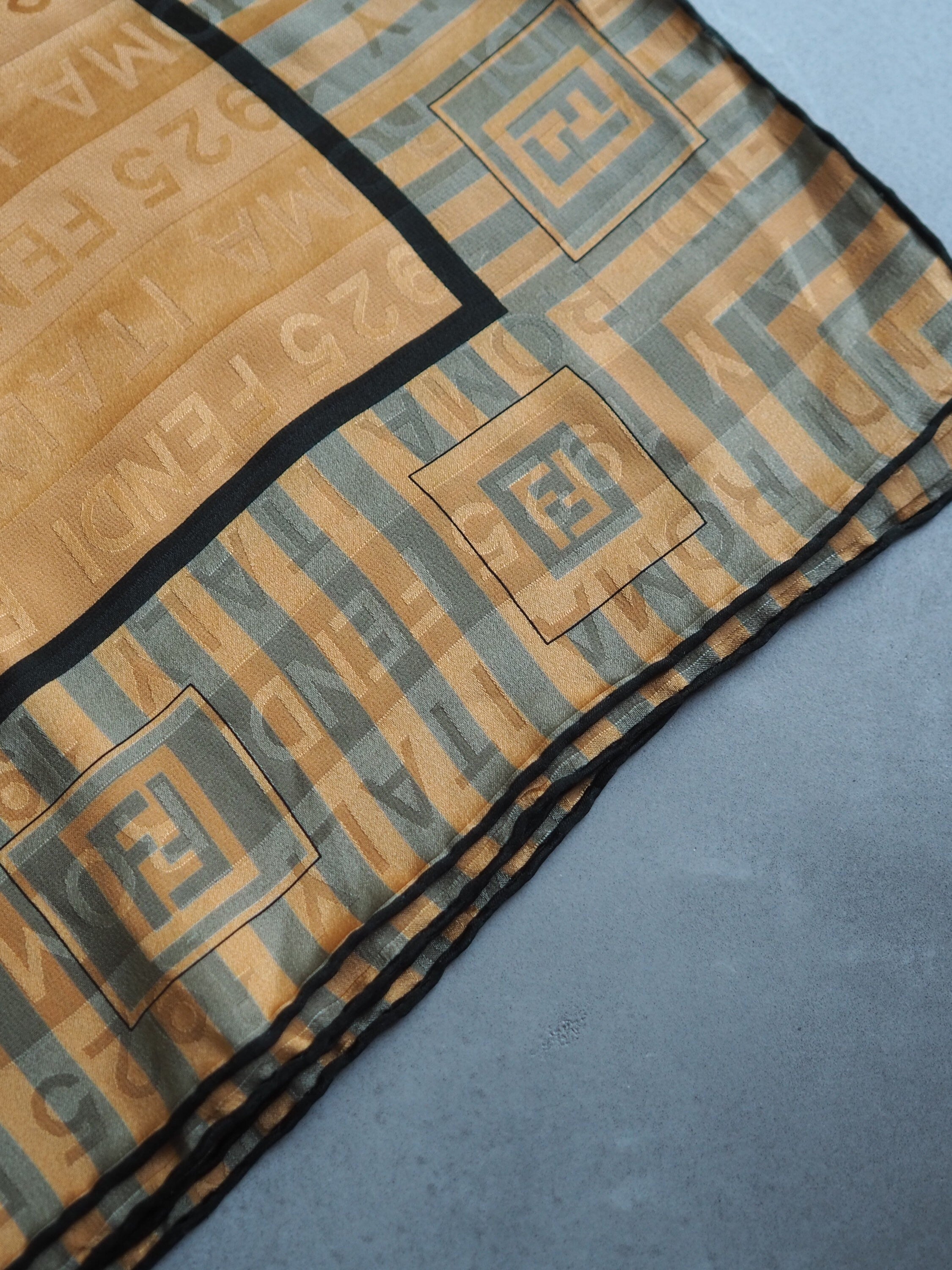 FENDI Zucca Stripe Logo Scarf Silk 100% Brown Black Authentic