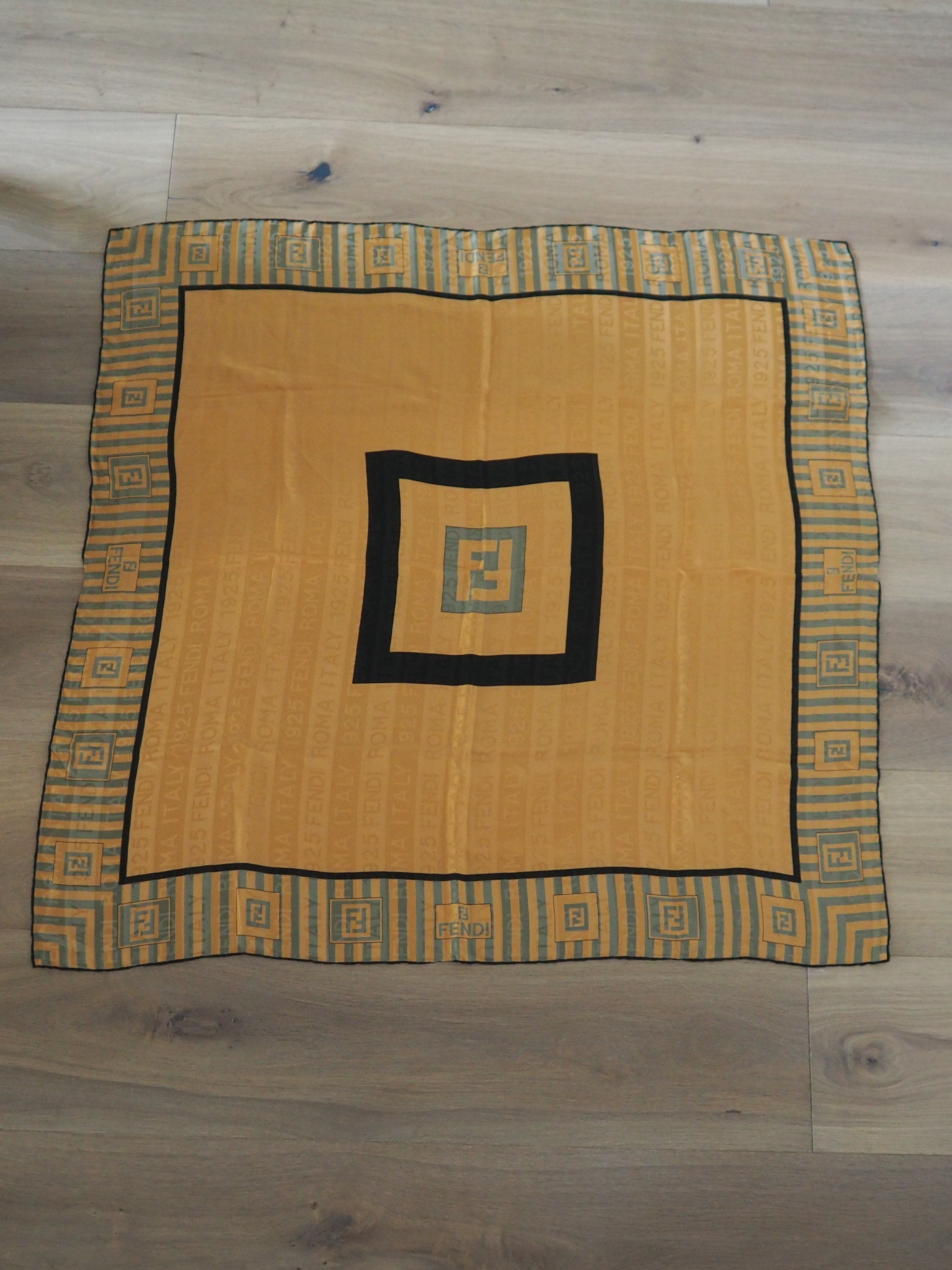 FENDI Zucca Stripe Logo Scarf Silk 100% Brown Black Authentic