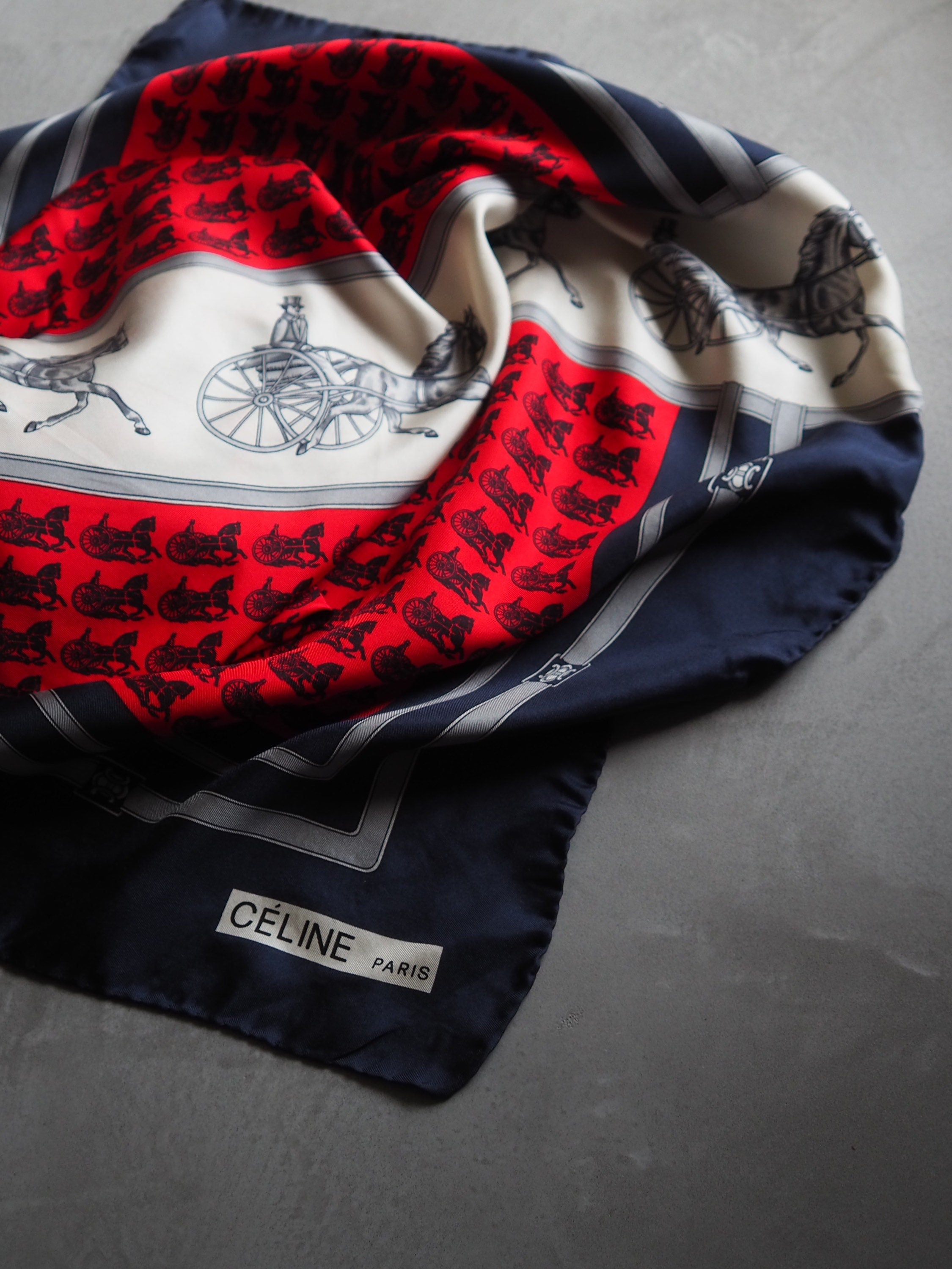 CELINE Macadam Carriage Scarf Silk 100% Navy Authentic