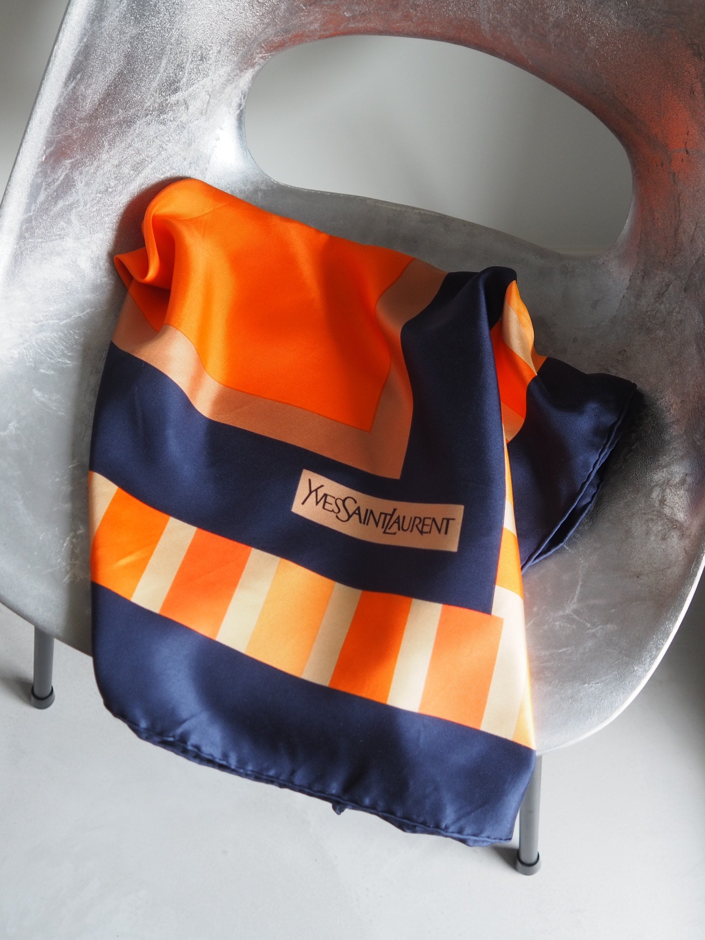 Yves Saint Laurent YSL Scarf Navy Orange Authentic