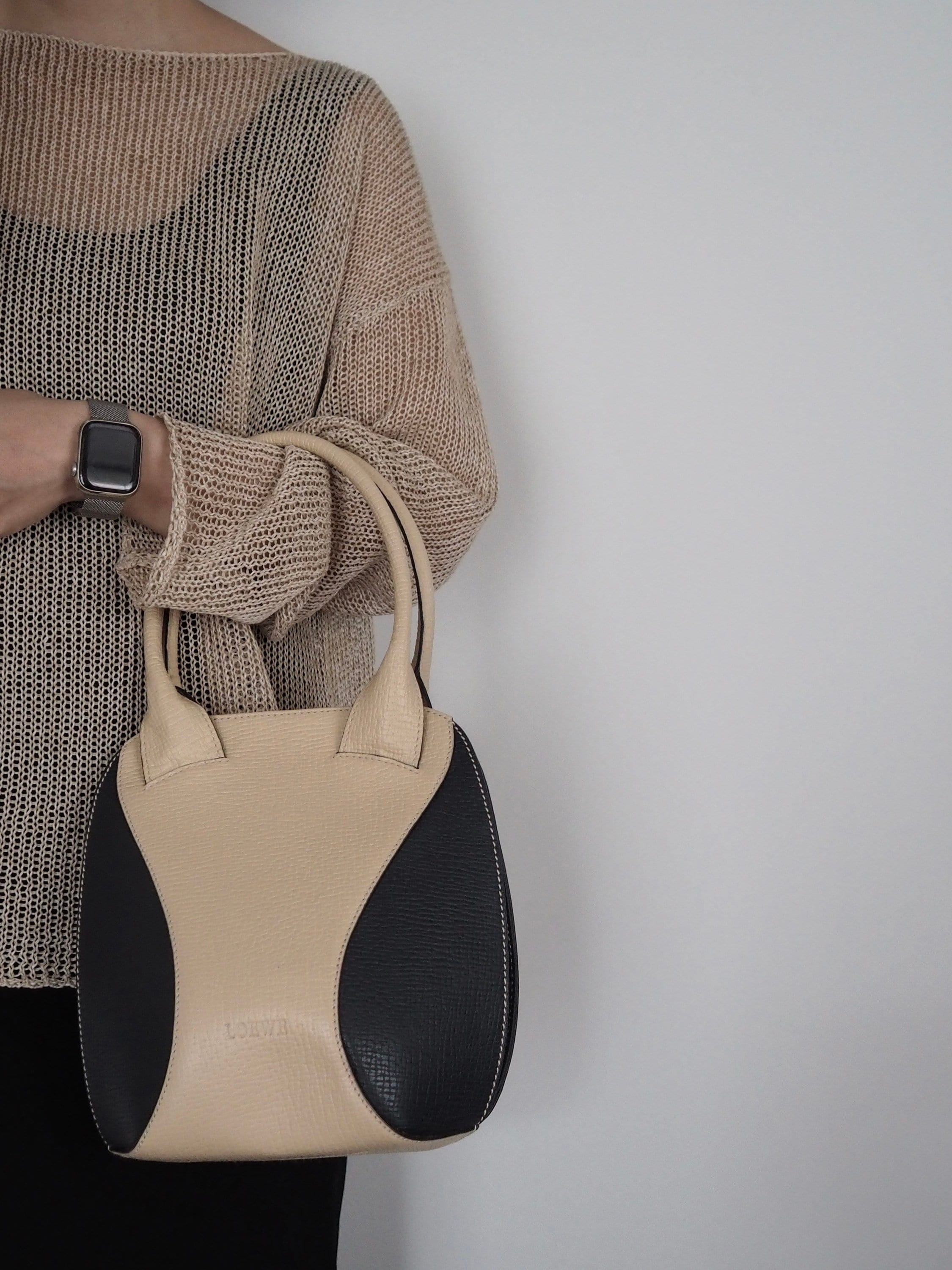 LOEWE Shoulder Hand Bag Leather Vintage Black Off White Authentic