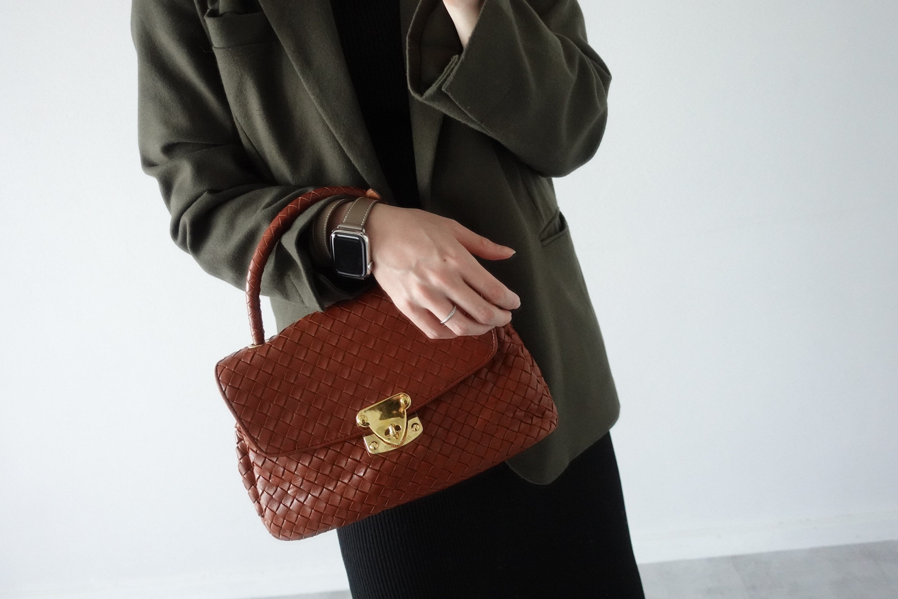 BOTTEGA VENETA Intrecciato Leather Handbag Brown Leather Vintage Authentic