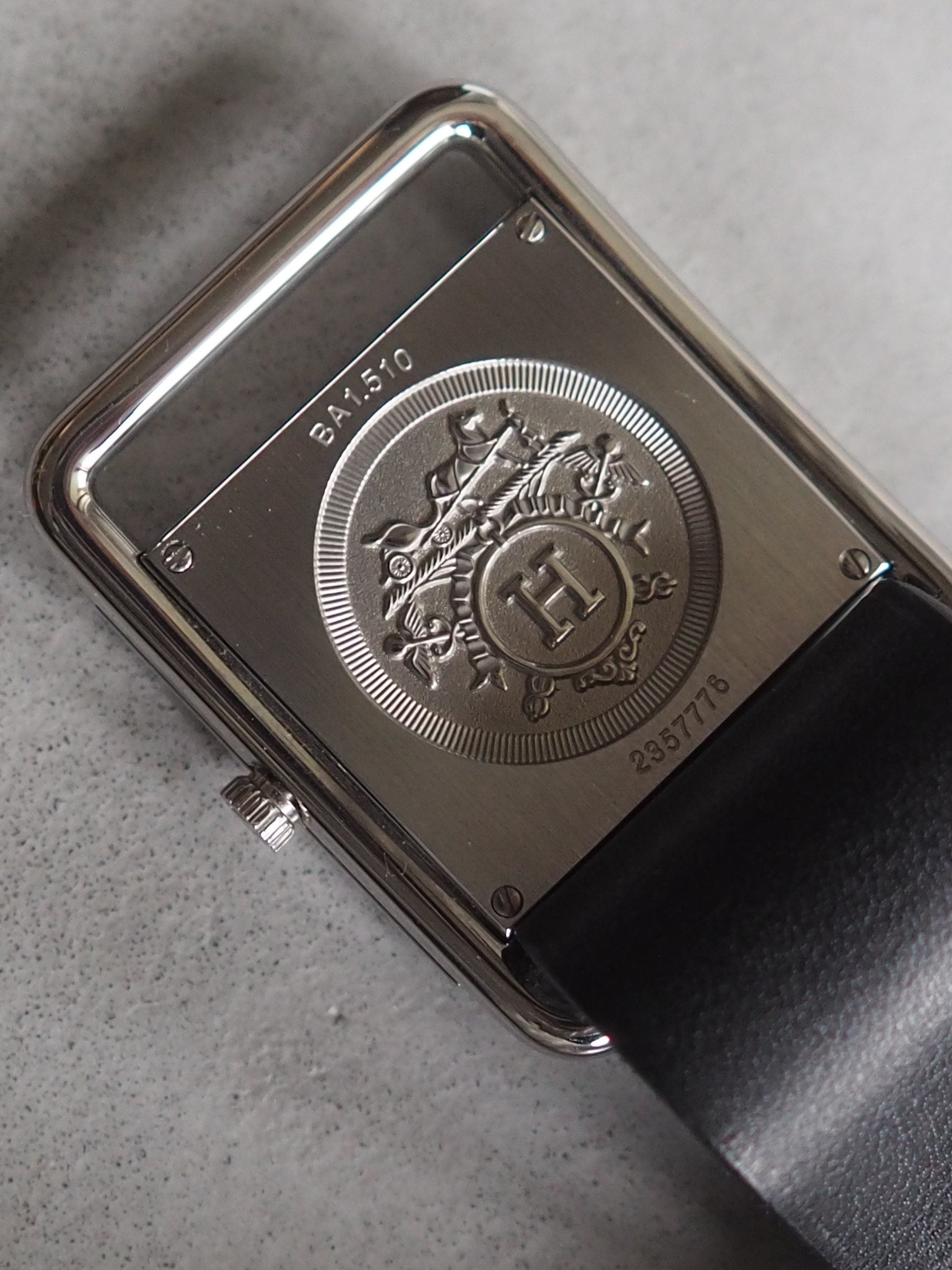 HERMES Valenia Date Silver Dial Quartz Watch Wristwatch Unisex Leather Black Band Vintage BA1.510