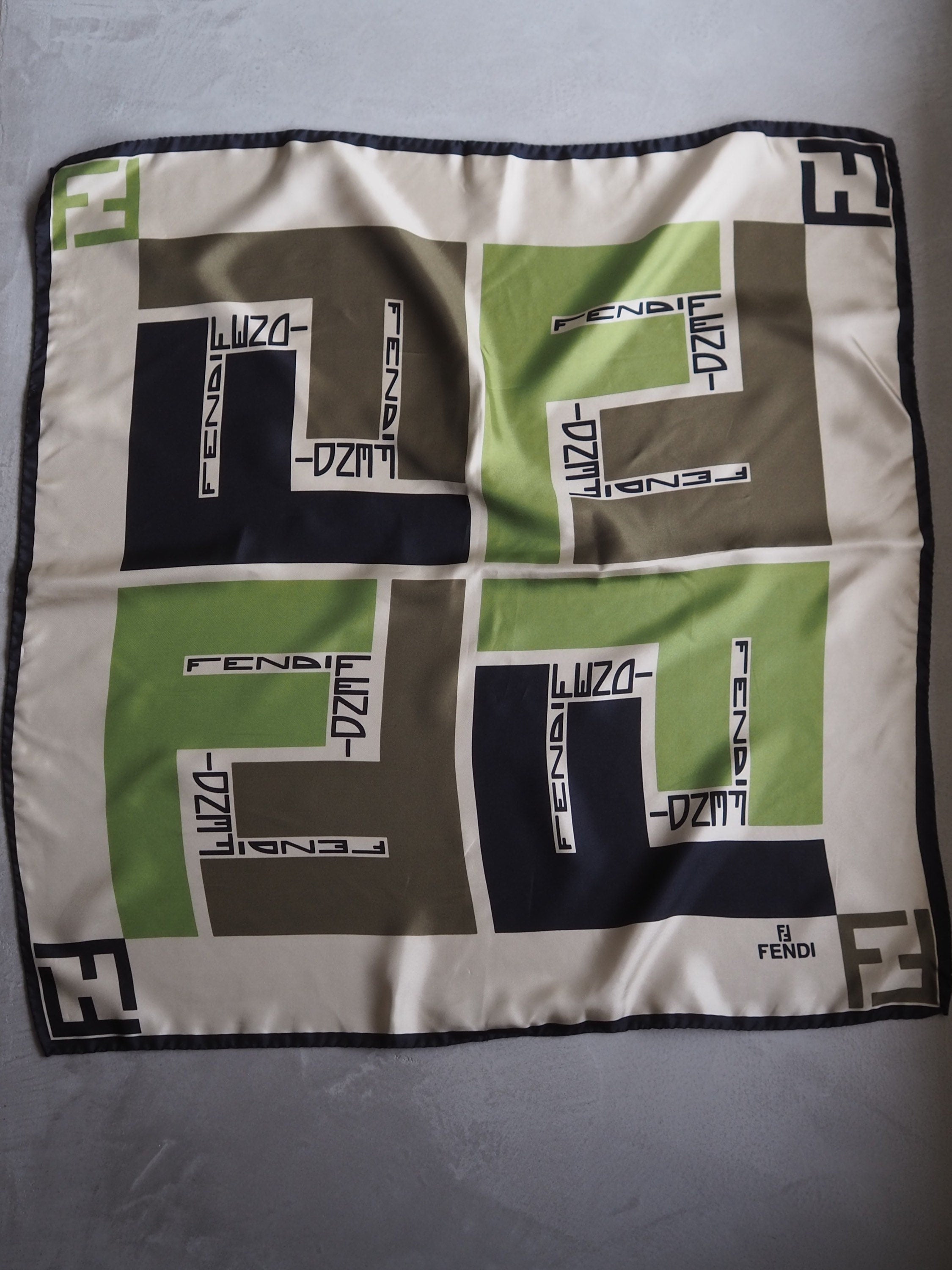 FENDI Zucca Logo Scarf Green Silk 100% Brown Beige Authentic