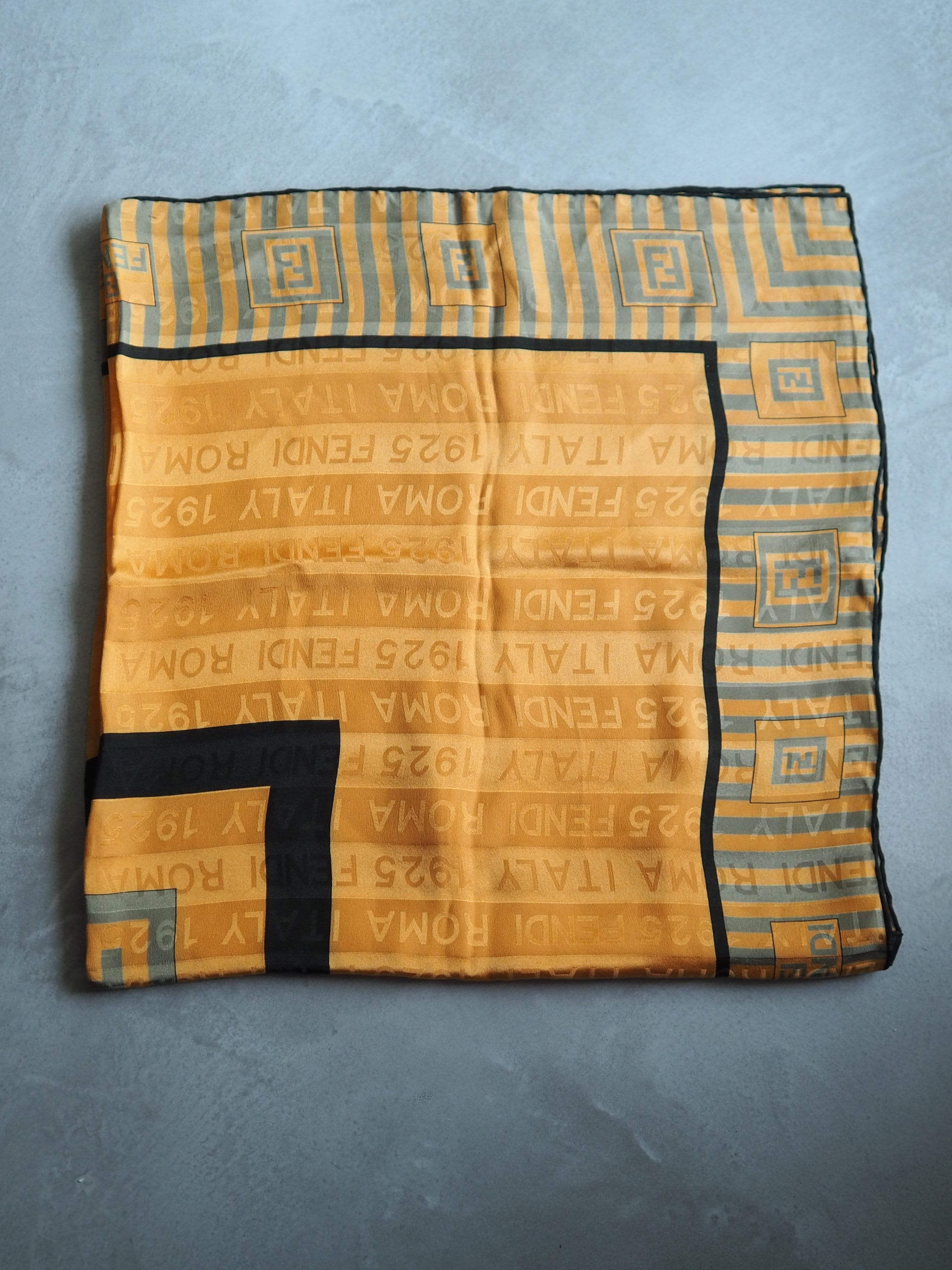 FENDI Zucca Stripe Logo Scarf Silk 100% Brown Black Authentic