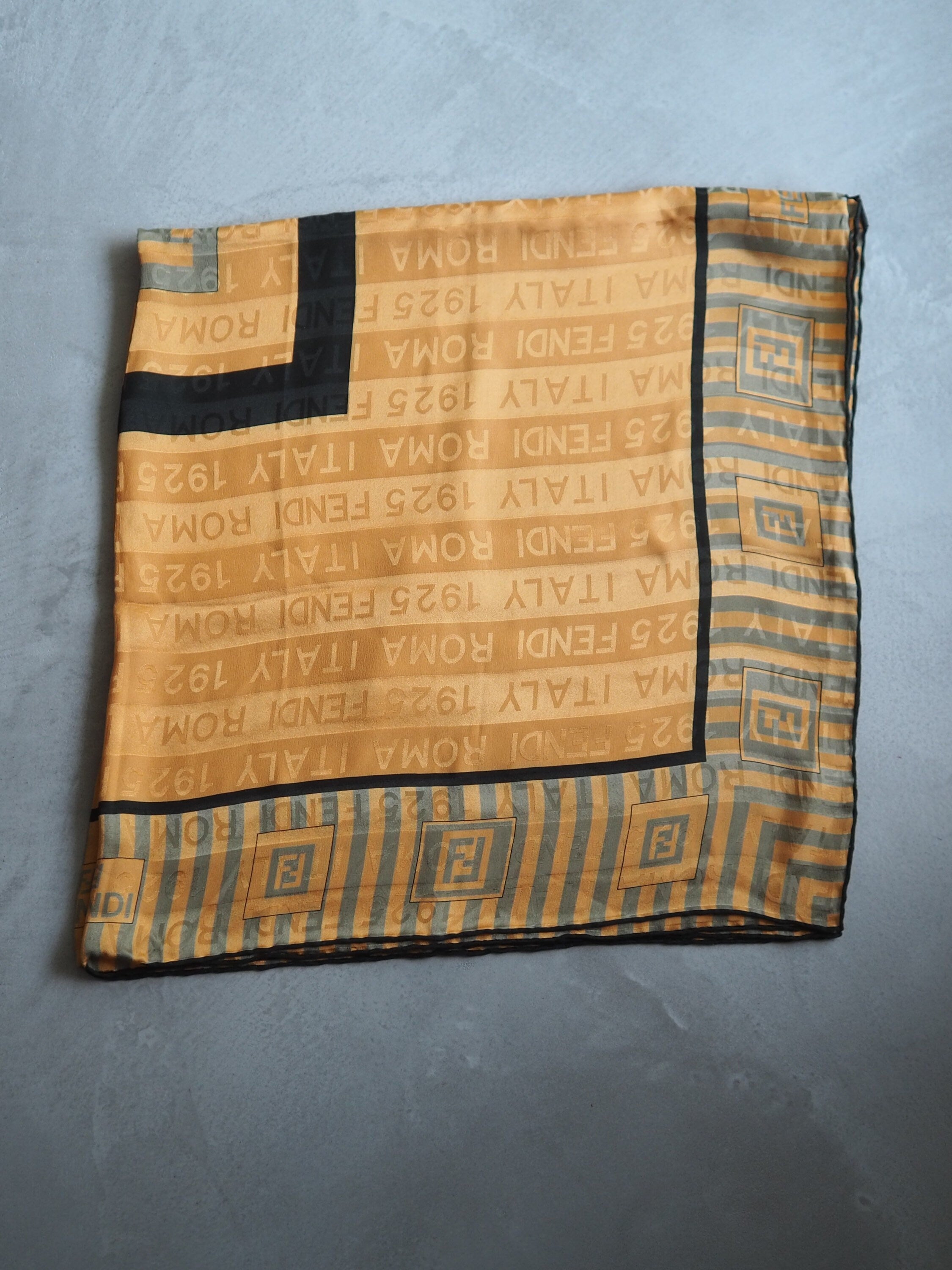 FENDI Zucca Stripe Logo Scarf Silk 100% Brown Black Authentic