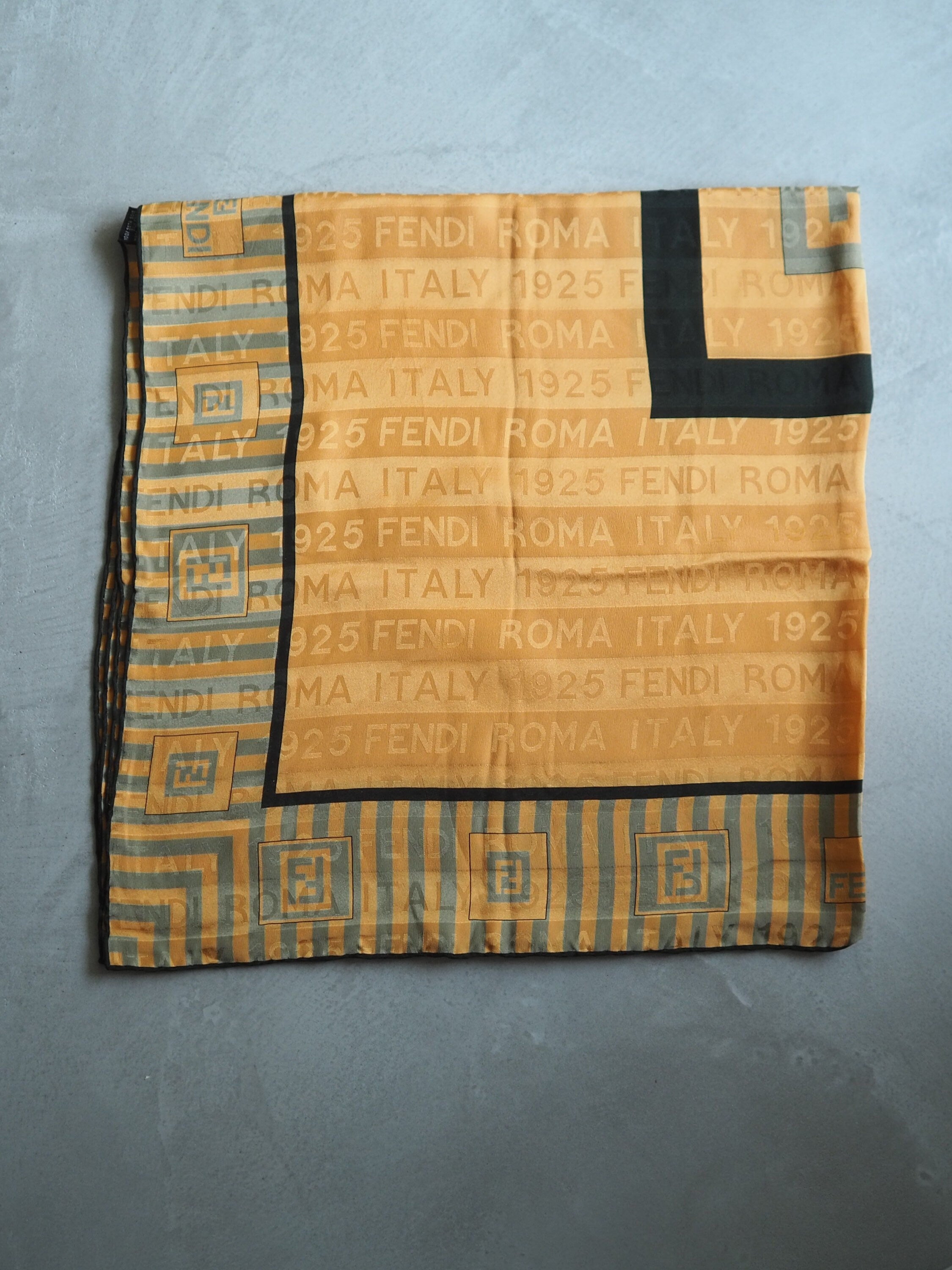 FENDI Zucca Stripe Logo Scarf Silk 100% Brown Black Authentic