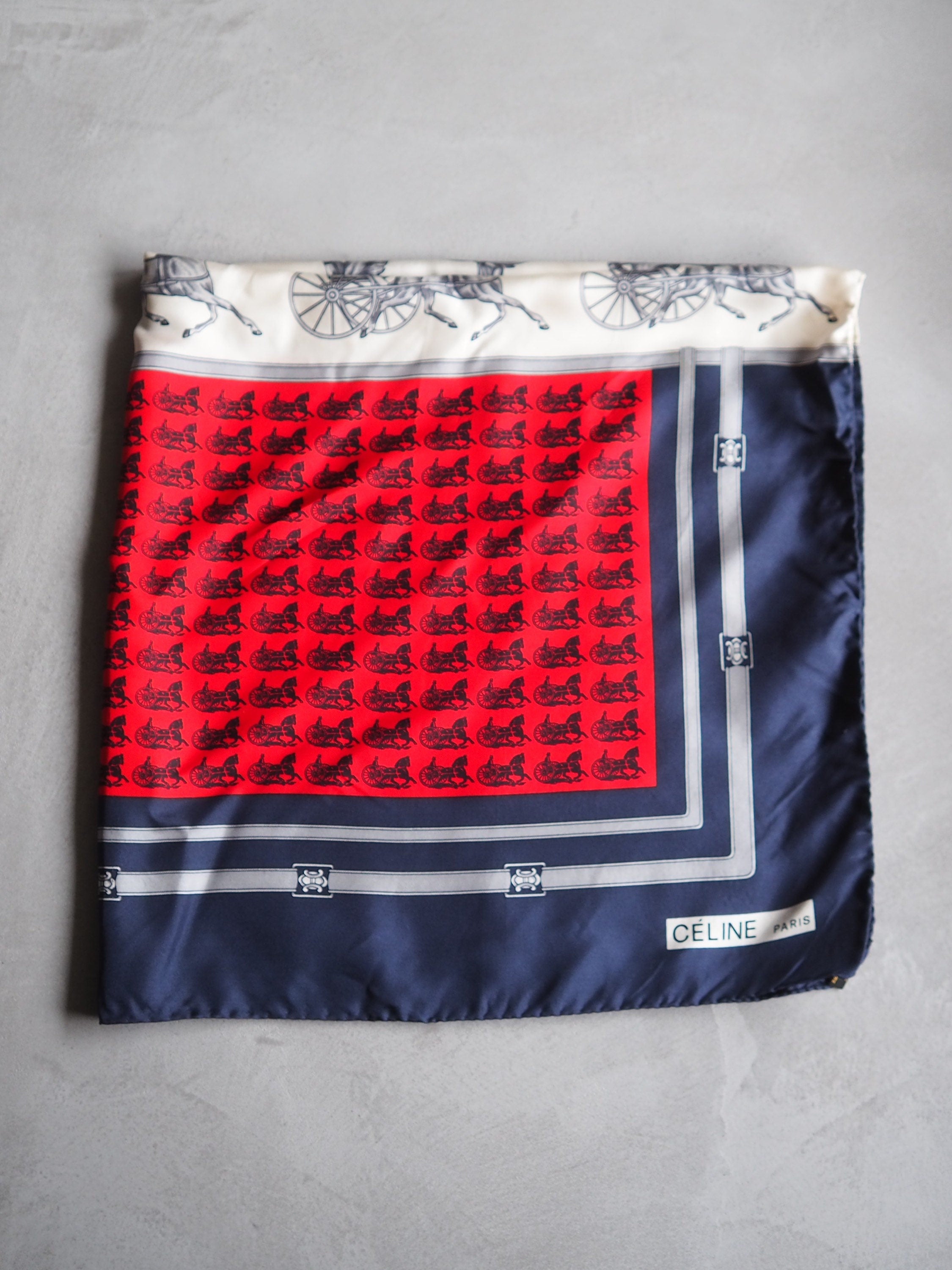 CELINE Macadam Carriage Scarf Silk 100% Navy Authentic