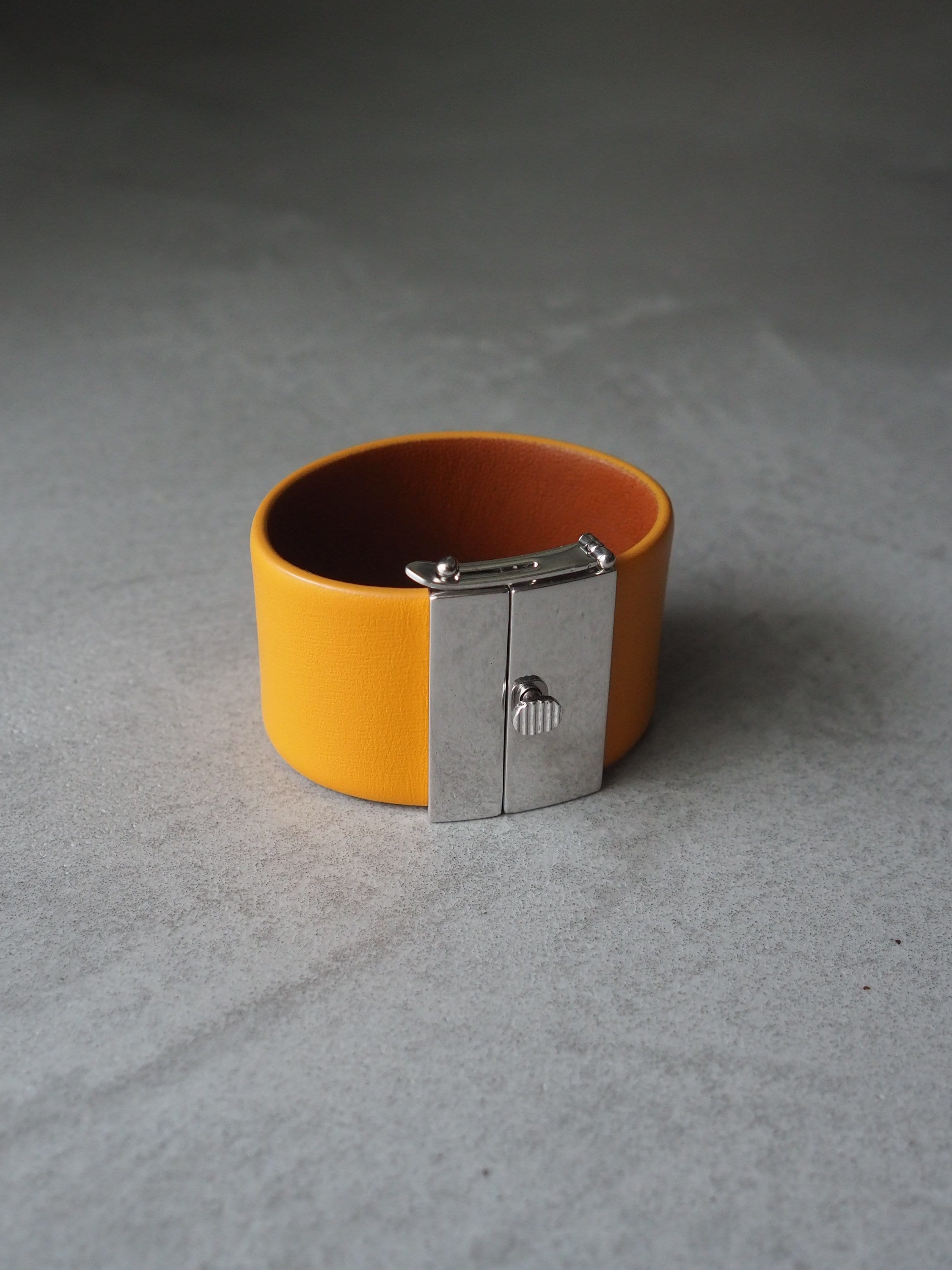 CELINE Bracelet Bangle Leather Yellow Silver Color Vintage Authentic