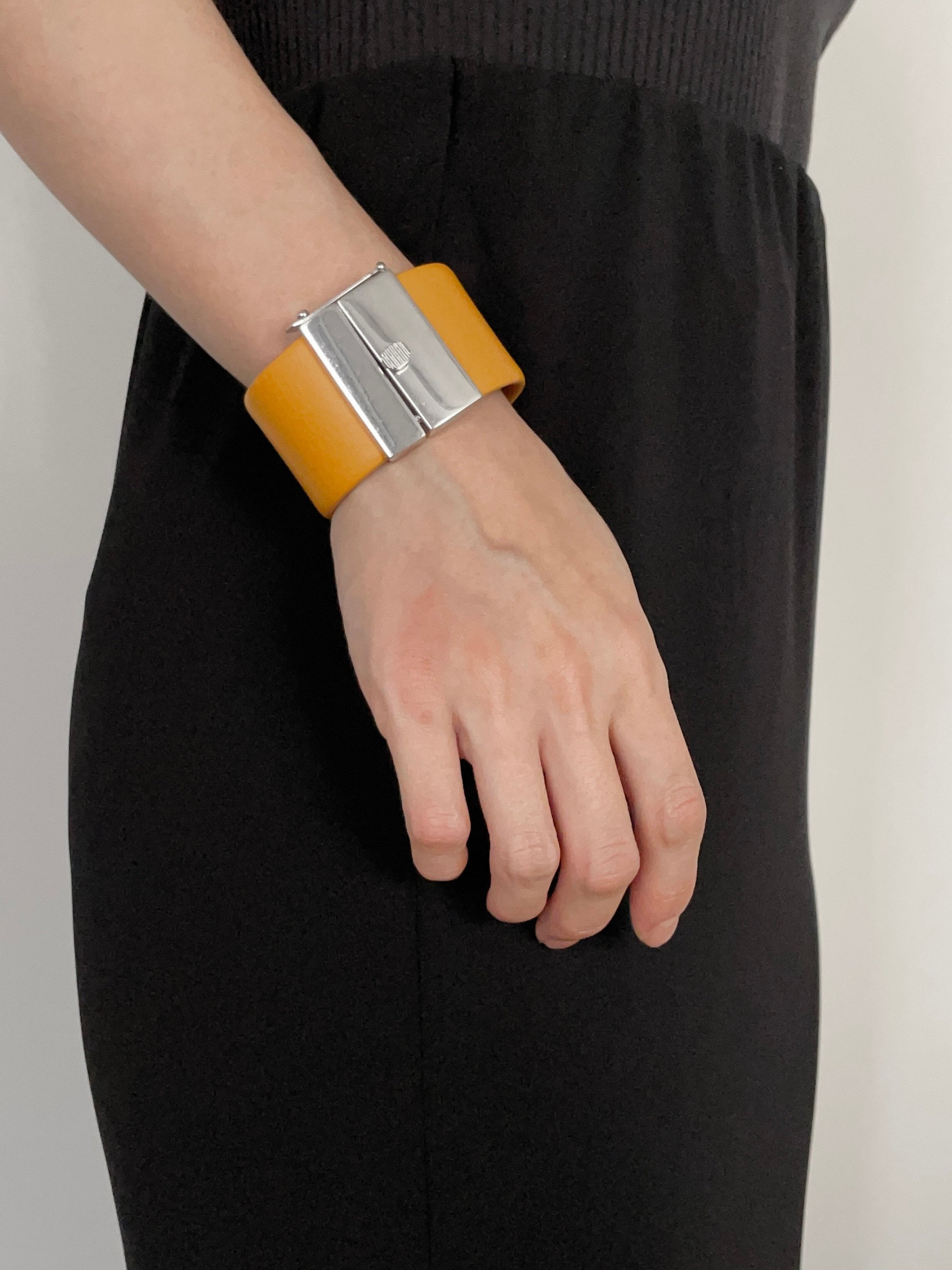 CELINE Bracelet Bangle Leather Yellow Silver Color Vintage Authentic