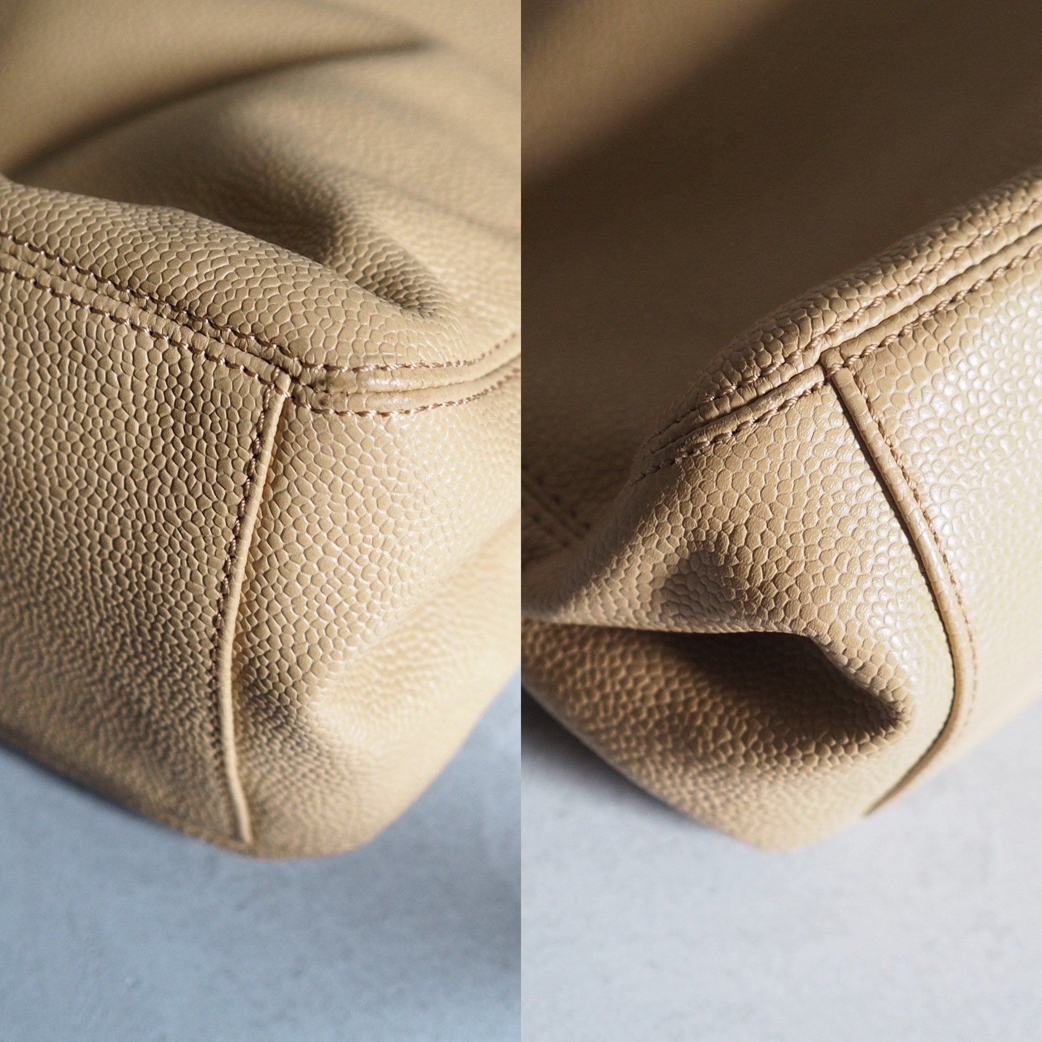 CHANEL Wood Handle Caviar Skin CC Logo Hand Bag Beige Vintage Authentic