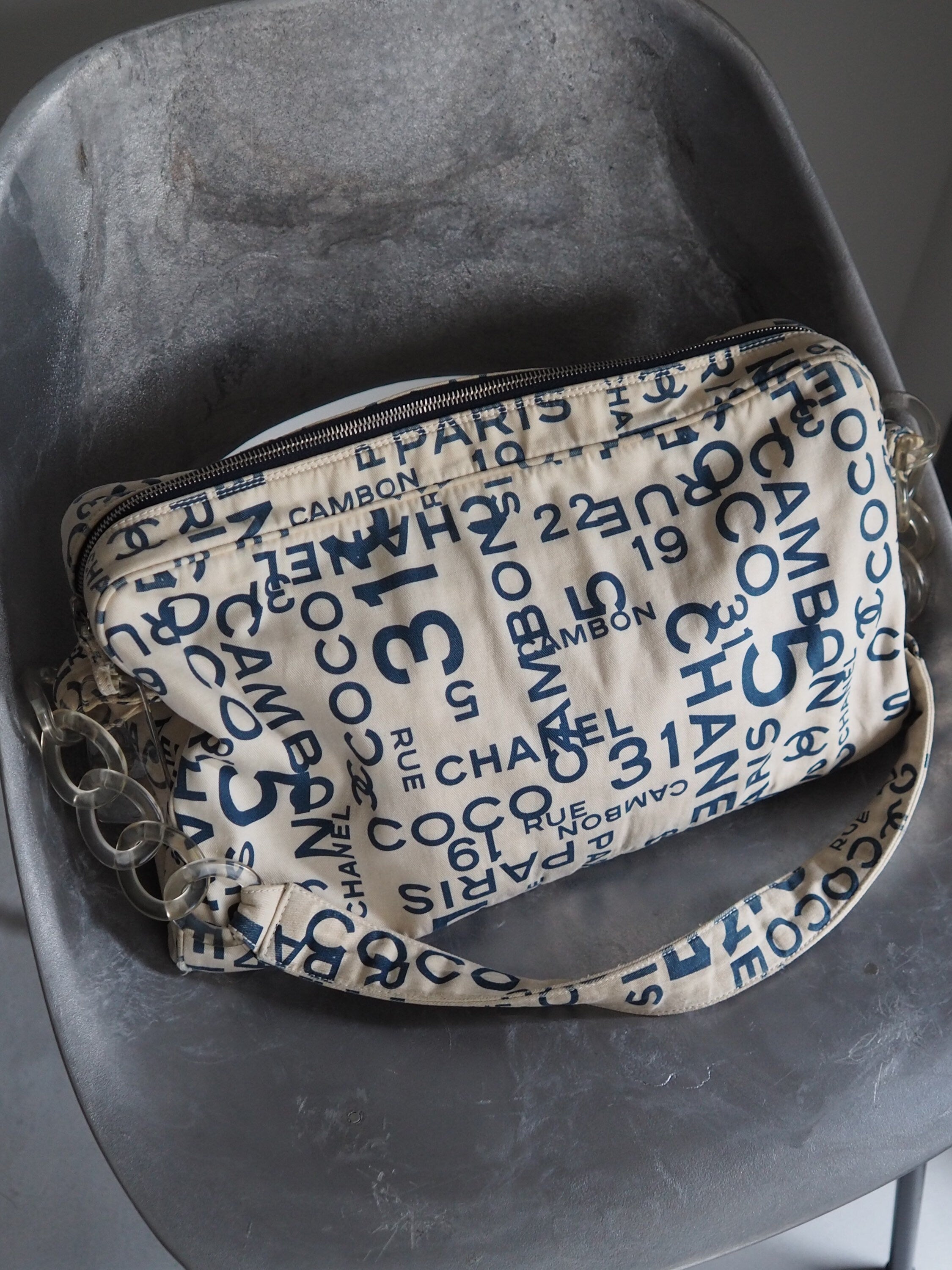 CHANEL By The Sea Line Shoulder Hand Bag Canvas Ivory Navy Authentic Vintage