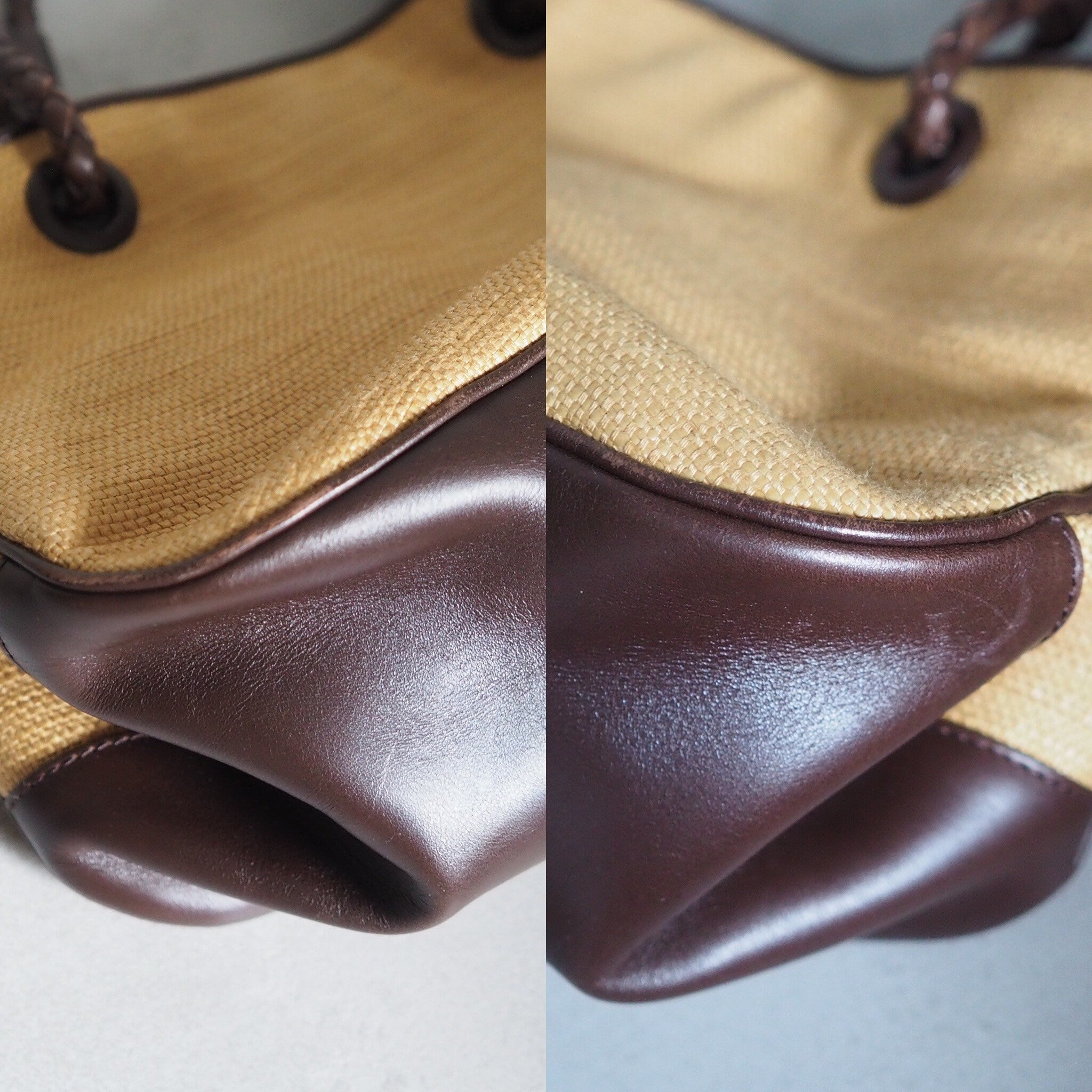 BOTTEGA VENETA Intrecciato Straw Leather Handbag Brown Vintage Authentic