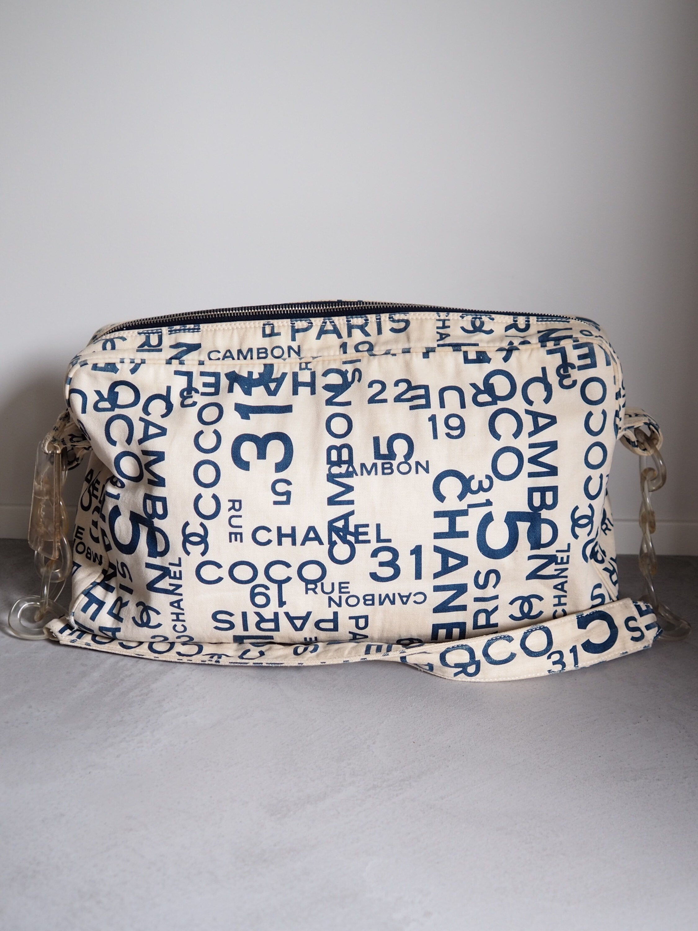 CHANEL By The Sea Line Shoulder Hand Bag Canvas Ivory Navy Authentic Vintage