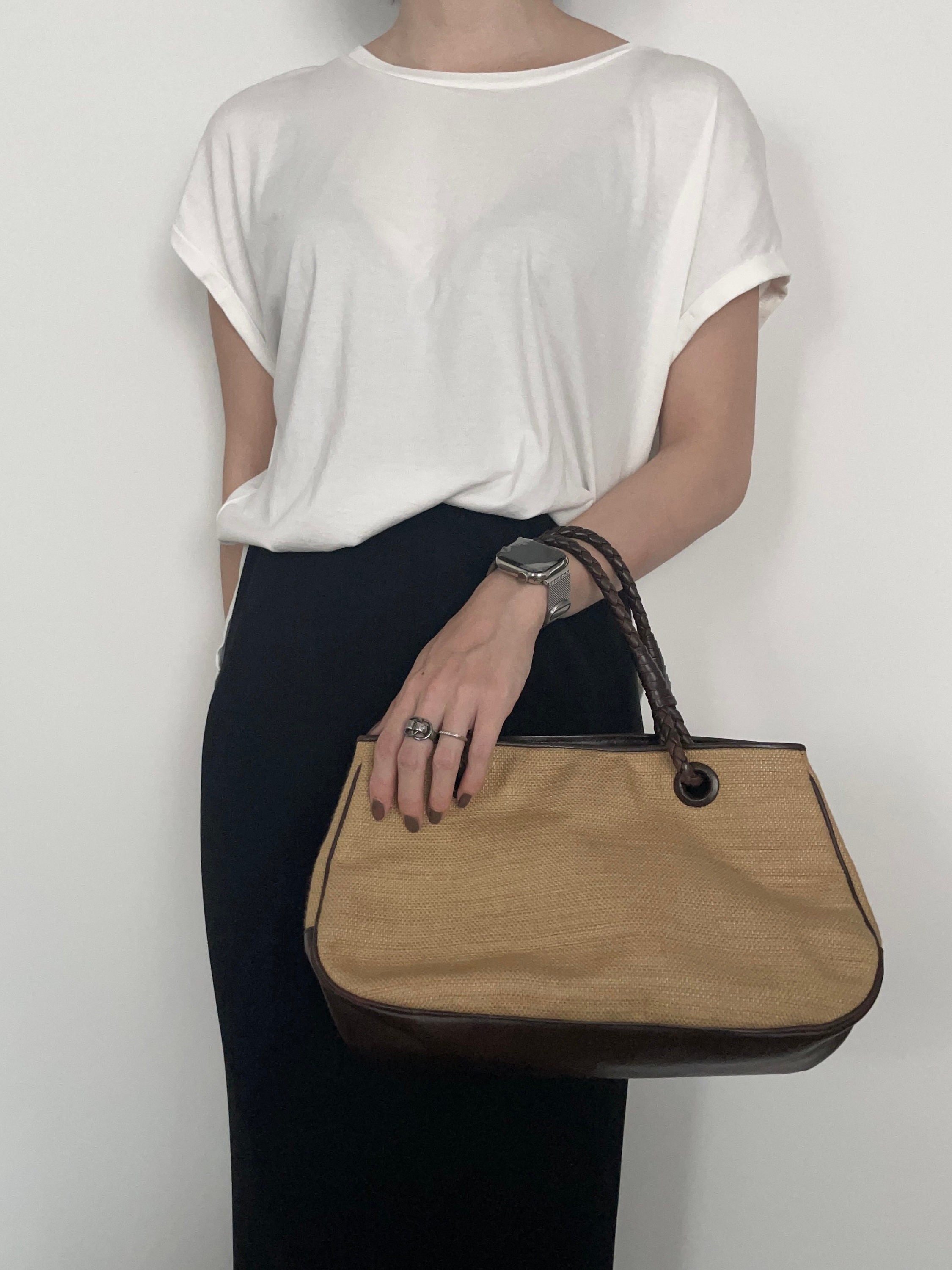 BOTTEGA VENETA Intrecciato Straw Leather Handbag Brown Vintage Authentic