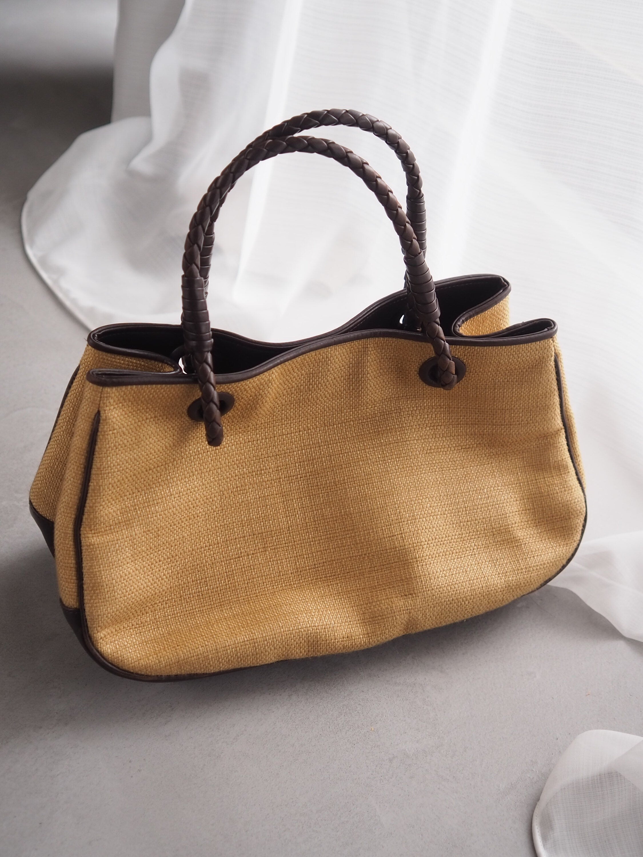 BOTTEGA VENETA Intrecciato Straw Leather Handbag Brown Vintage Authentic