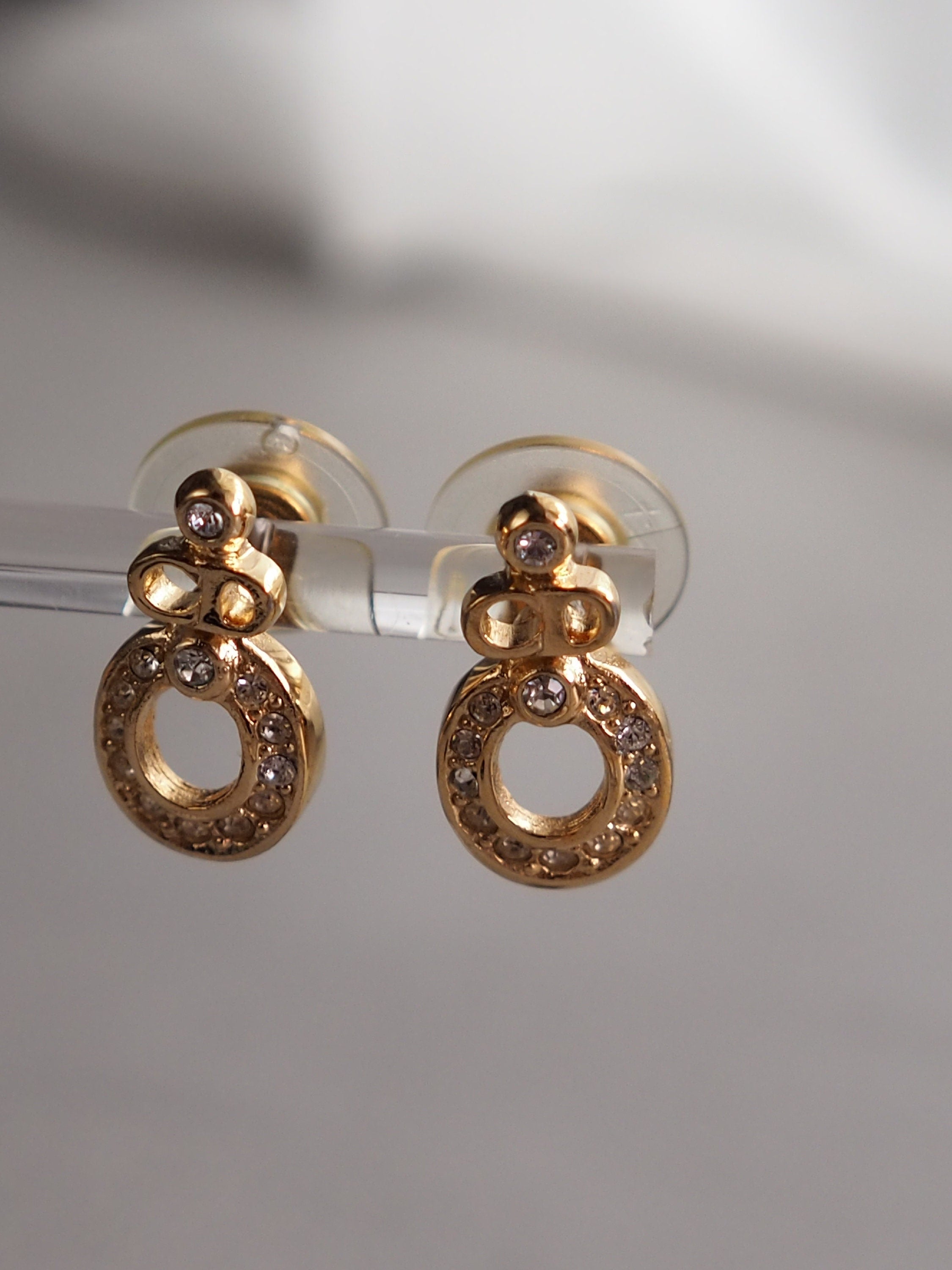 Christian Dior Pierce Earrings Rhinestone CD Logo Vintage Metal Gold Authentic