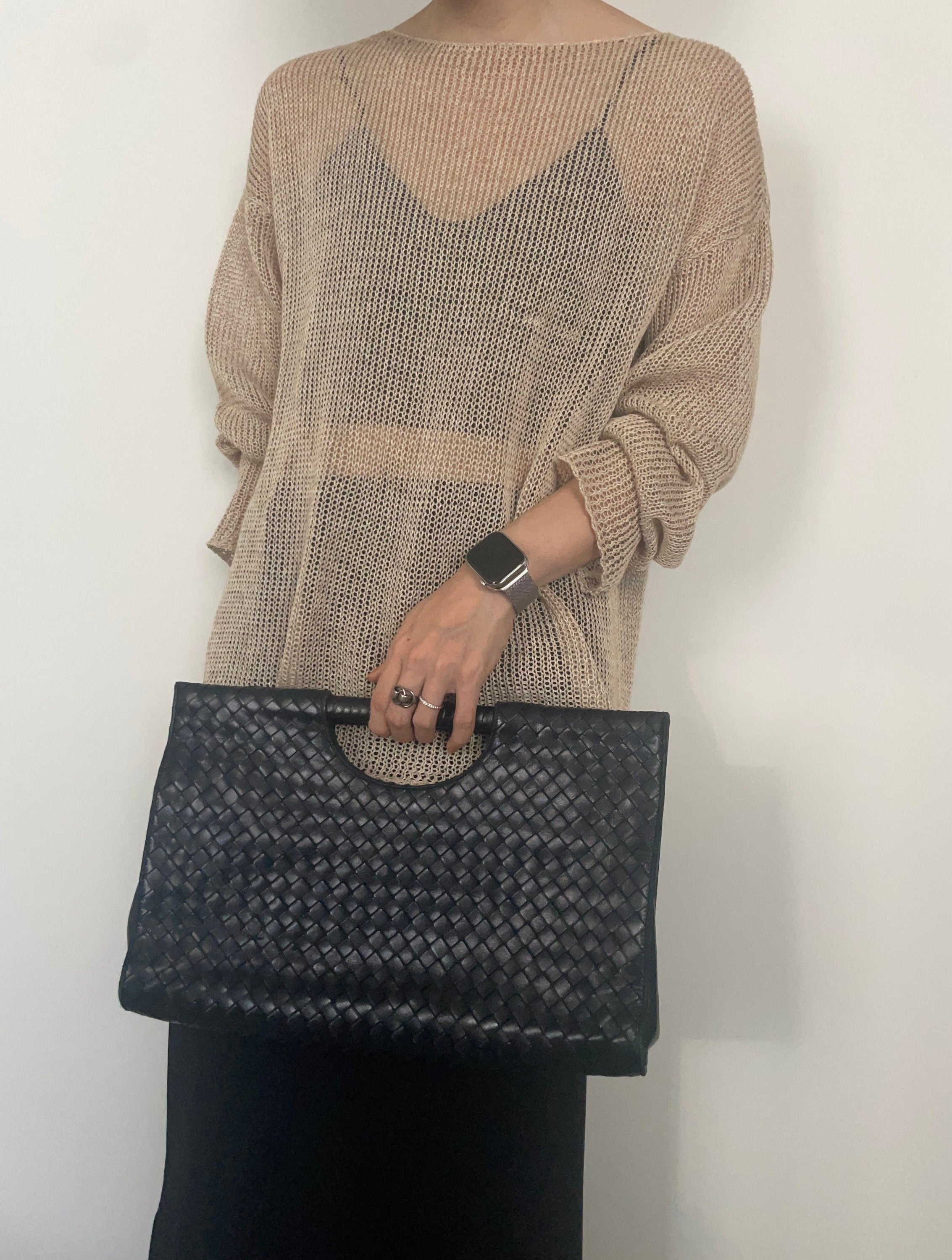 BOTTEGA VENETA Intrecciato Leather Handbag Clutch Black Leather Vintage Authentic