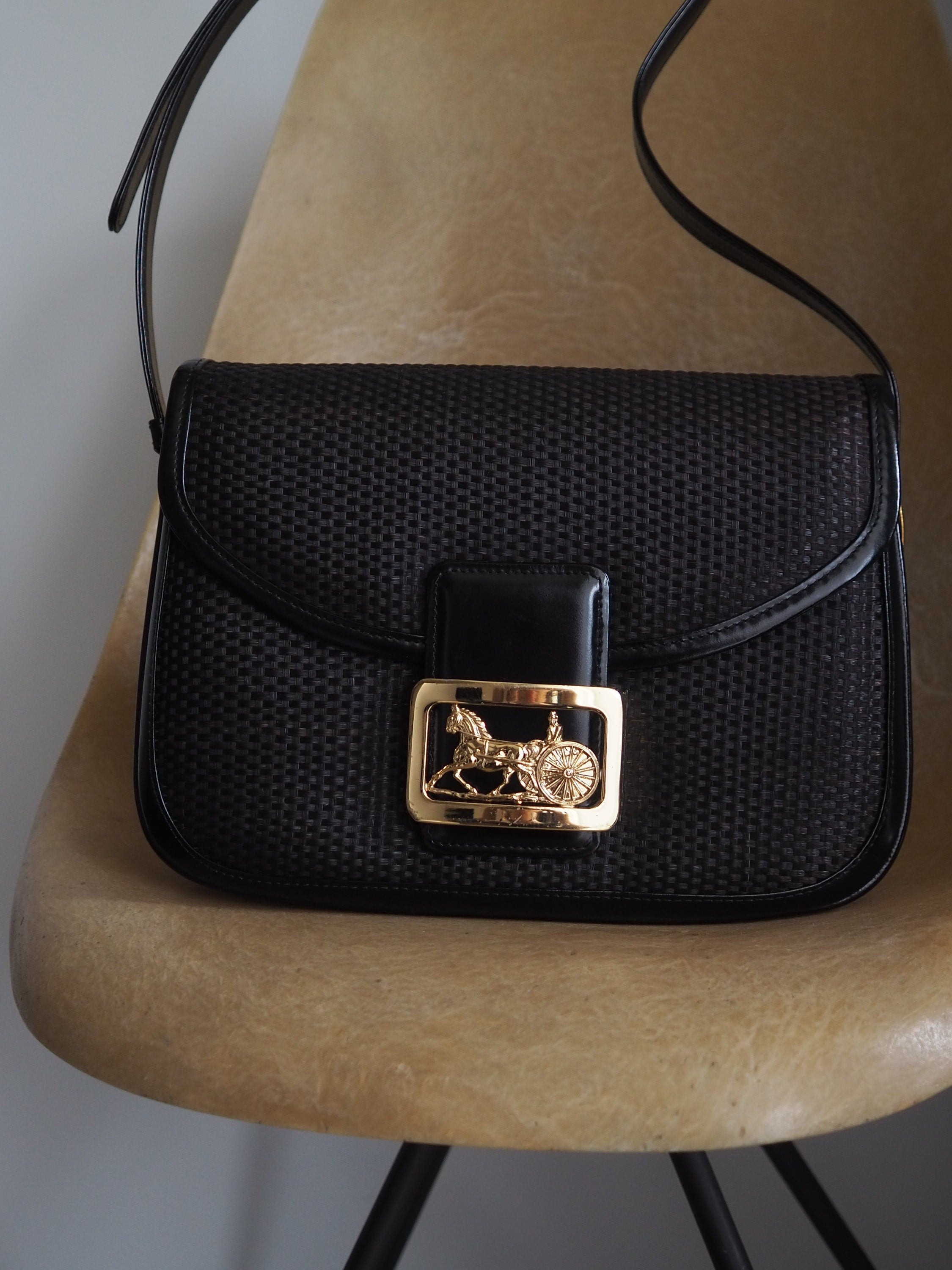 CELINE Sulky Metal Parts Flap Shoulder bag Rattan Leather Black Authentic