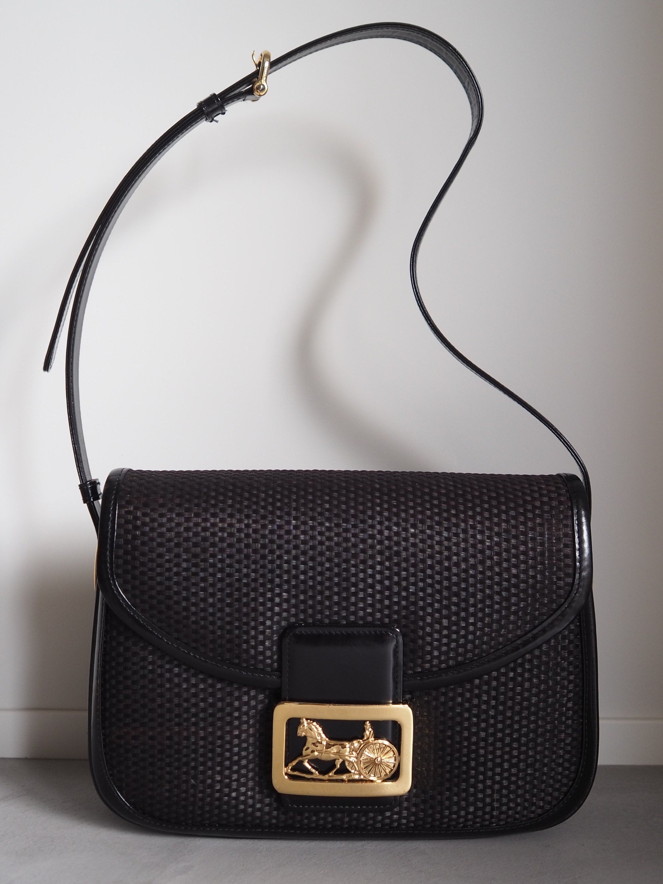 CELINE Sulky Metal Parts Flap Shoulder bag Rattan Leather Black Authentic