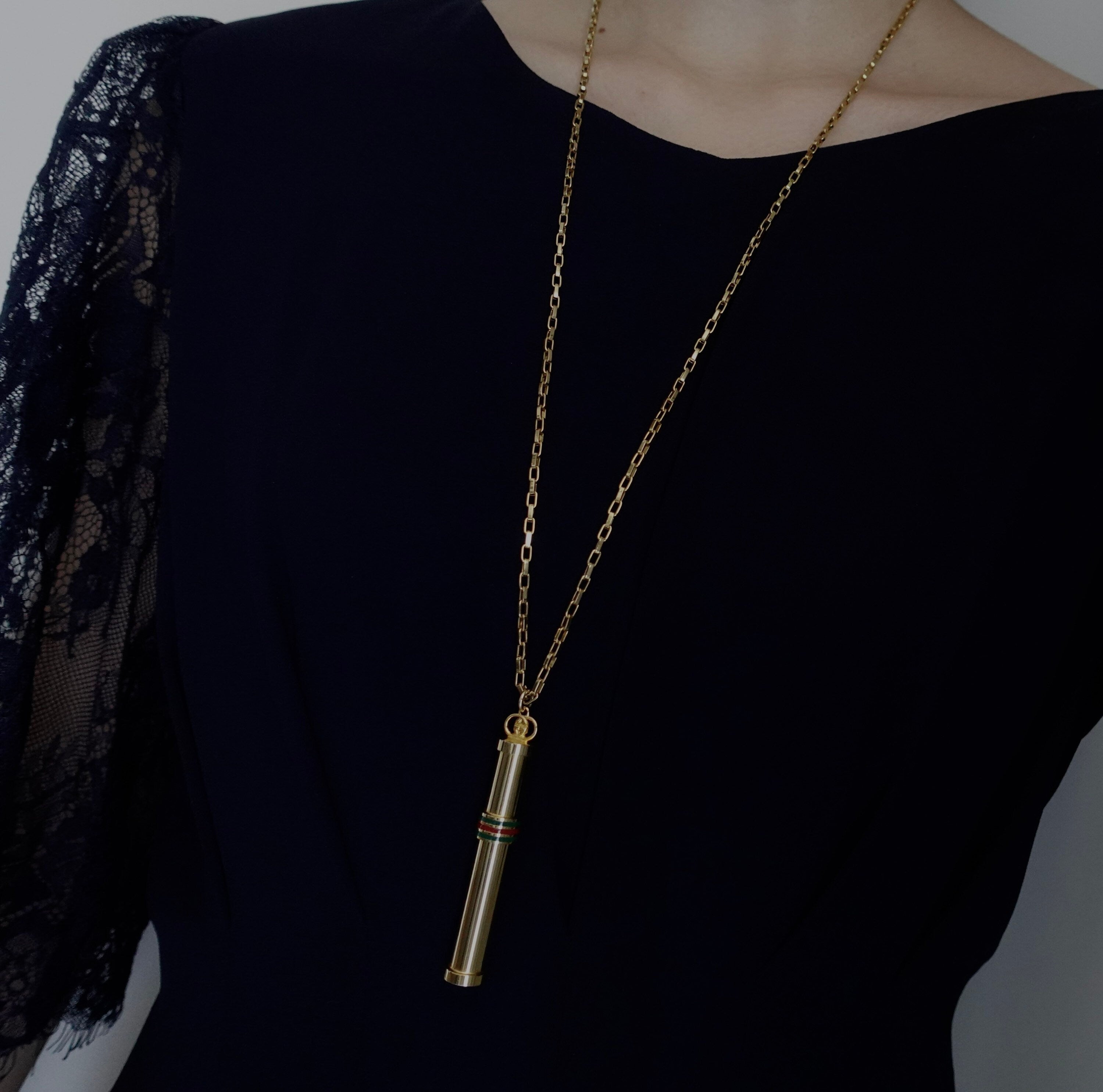 GUCCI Perfume Bottle Pendant Italy Goldtone Chain Necklace Old Vintage Authentic