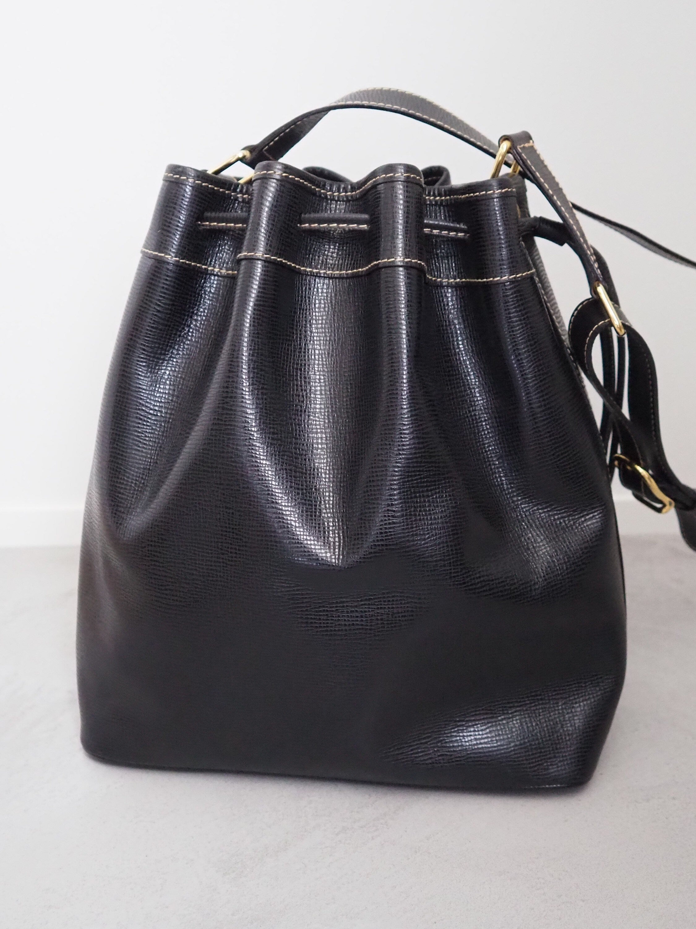 CELINE Drawstring Bucket Shoulder Bag Black Leather Authentic Vintage