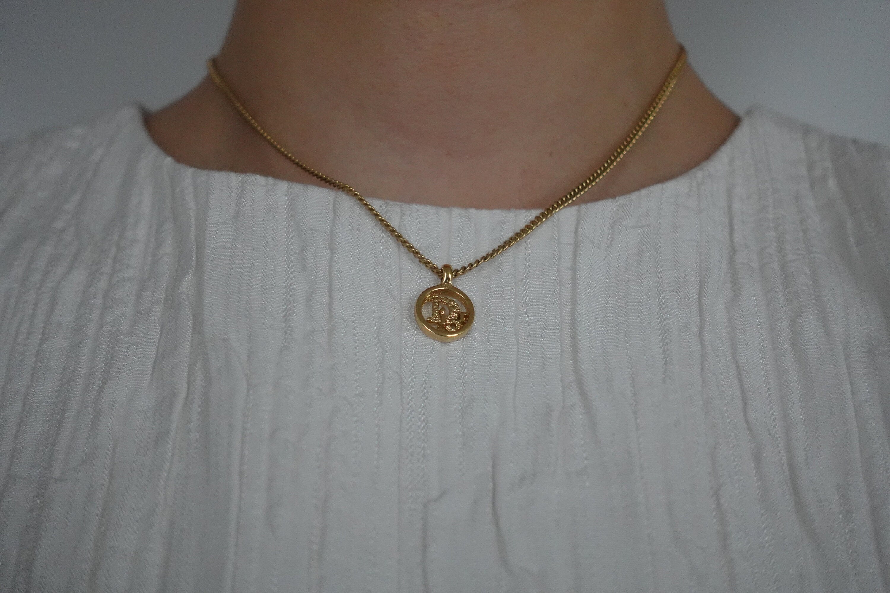 Christian Dior Necklace CD Logo Vintage Metal Gold Authentic