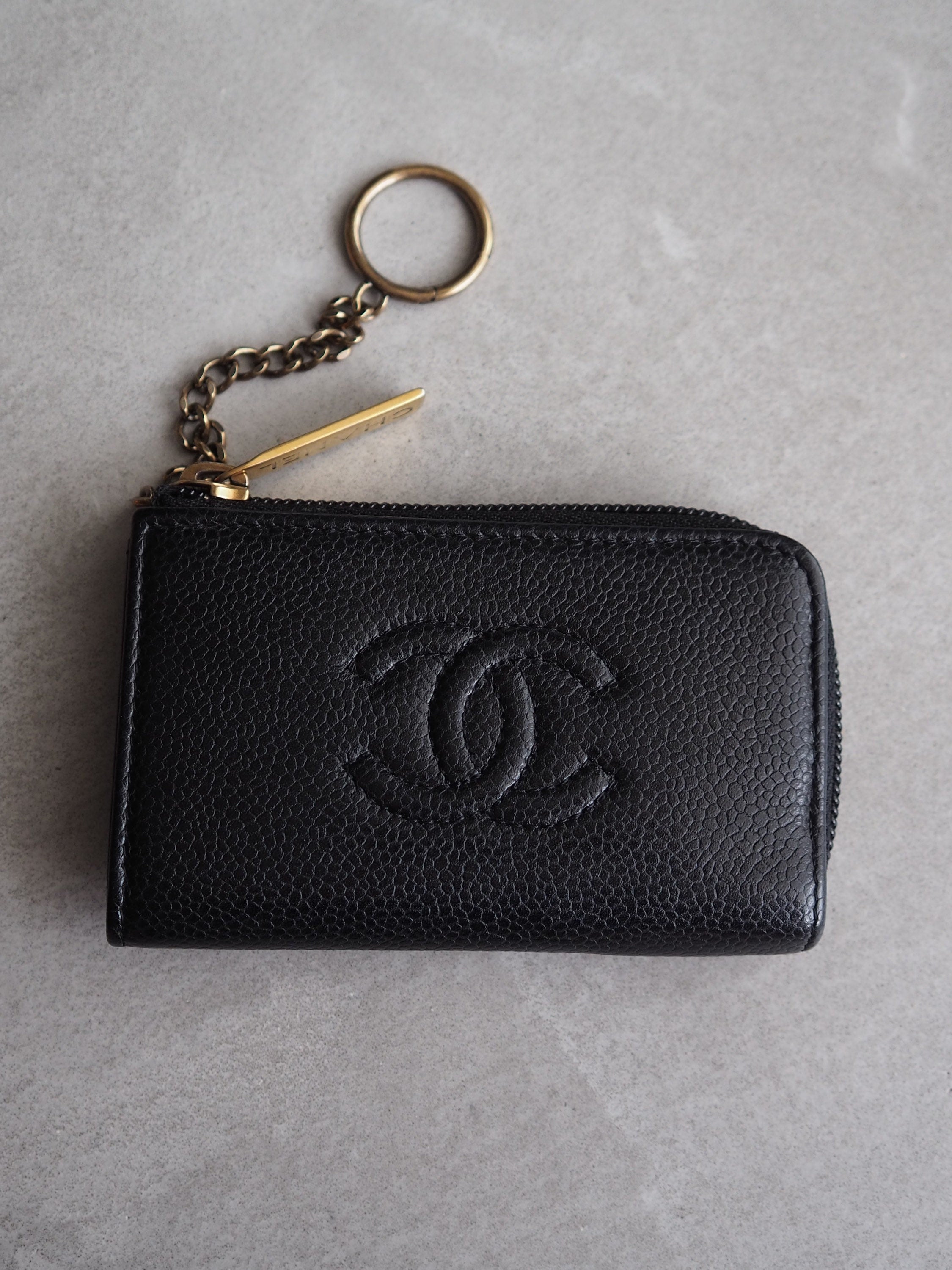 CHANEL COCO Coin Case Purse Key chain Caviar Skin Leather Black Authentic Vintage Box