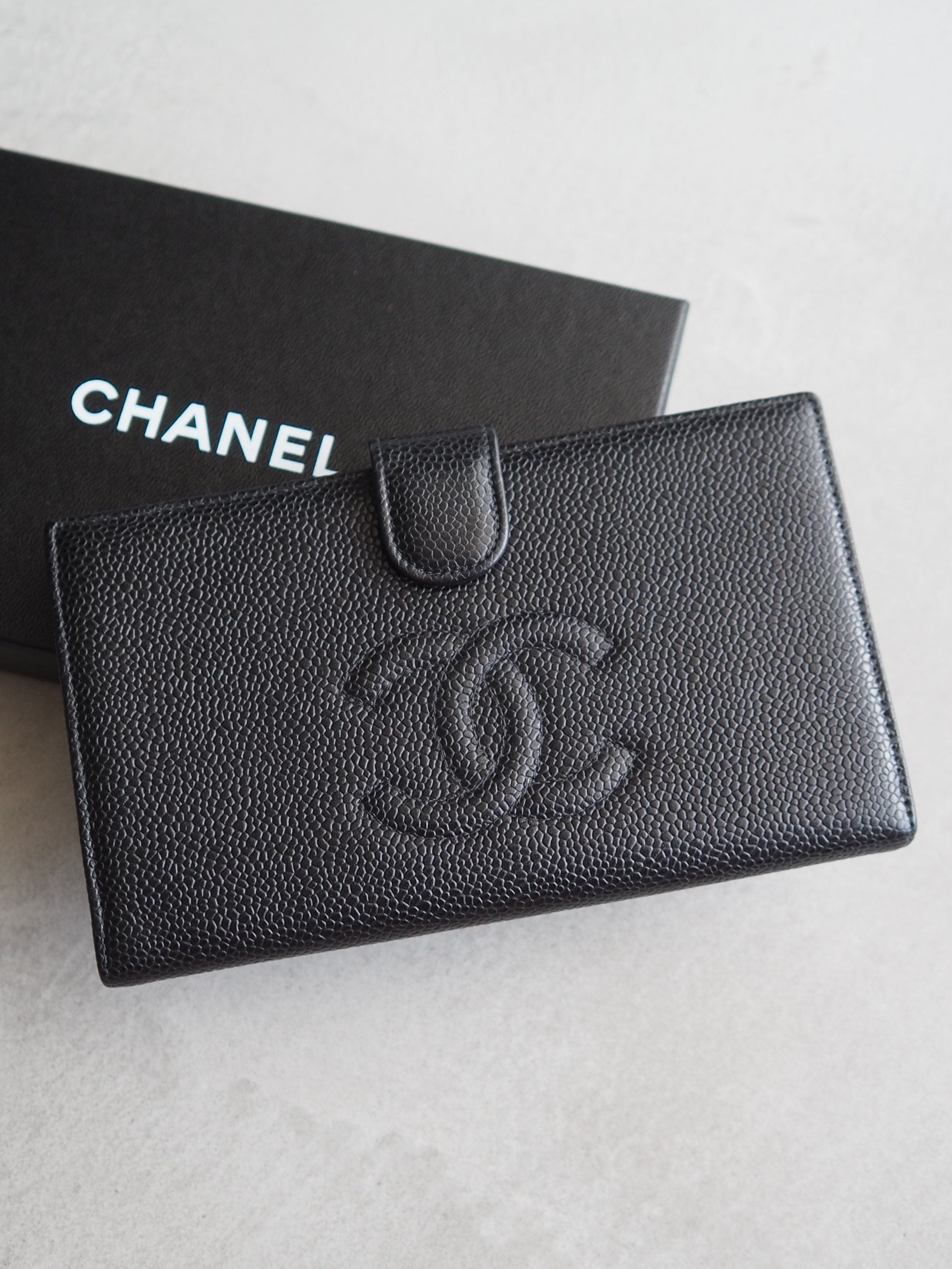 CHANEL COCO Long Wallet Purse Caviar Skin Leather Black Authentic Vintage Box