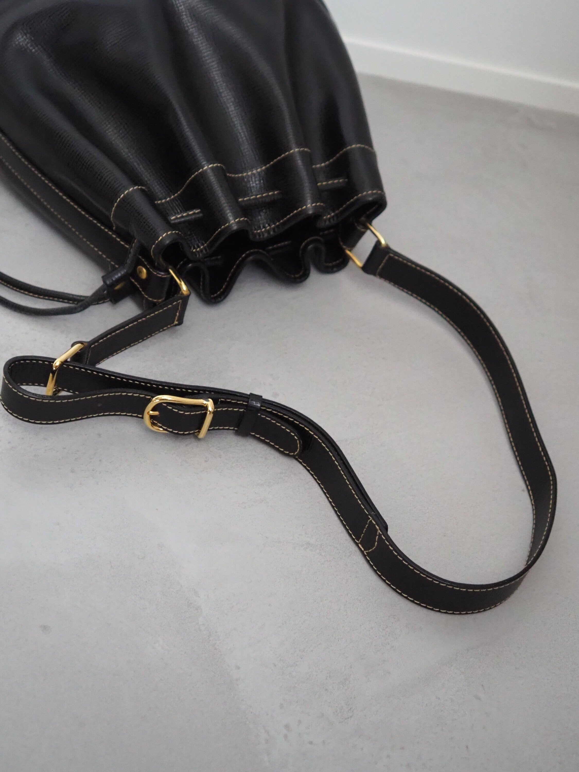 CELINE Drawstring Bucket Shoulder Bag Black Leather Authentic Vintage