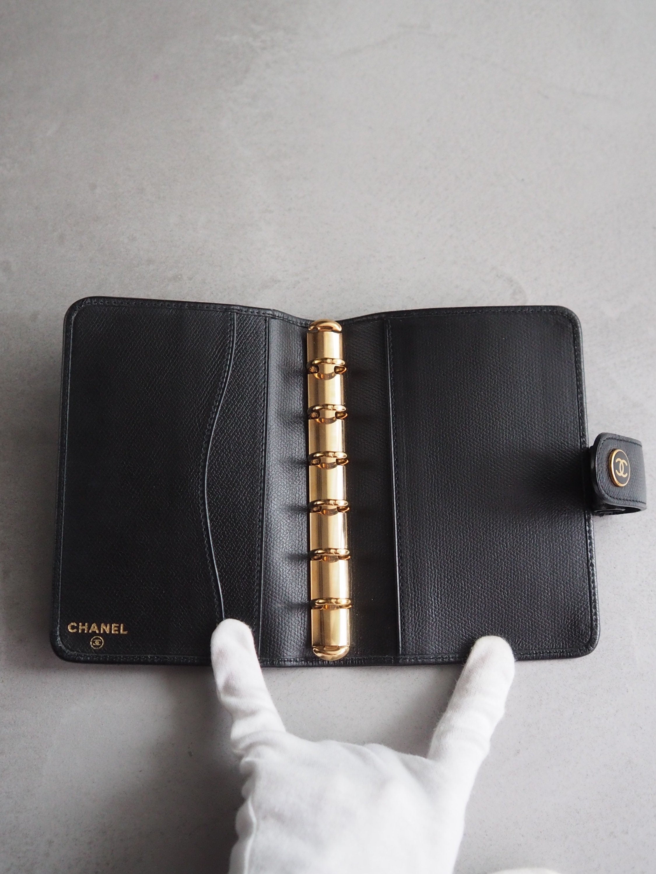 CHANEL CC Logo Button Agenda Leather 6 Ring Diary Black Vintage