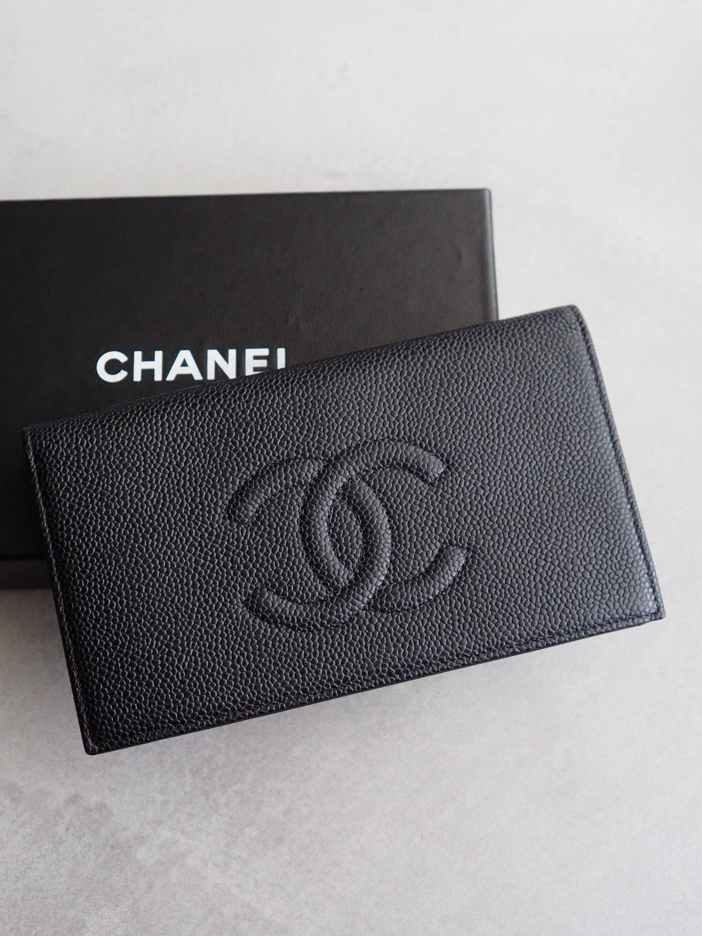 CHANEL COCO Long Wallet Purse Caviar Skin Leather Black Authentic Vintage Box