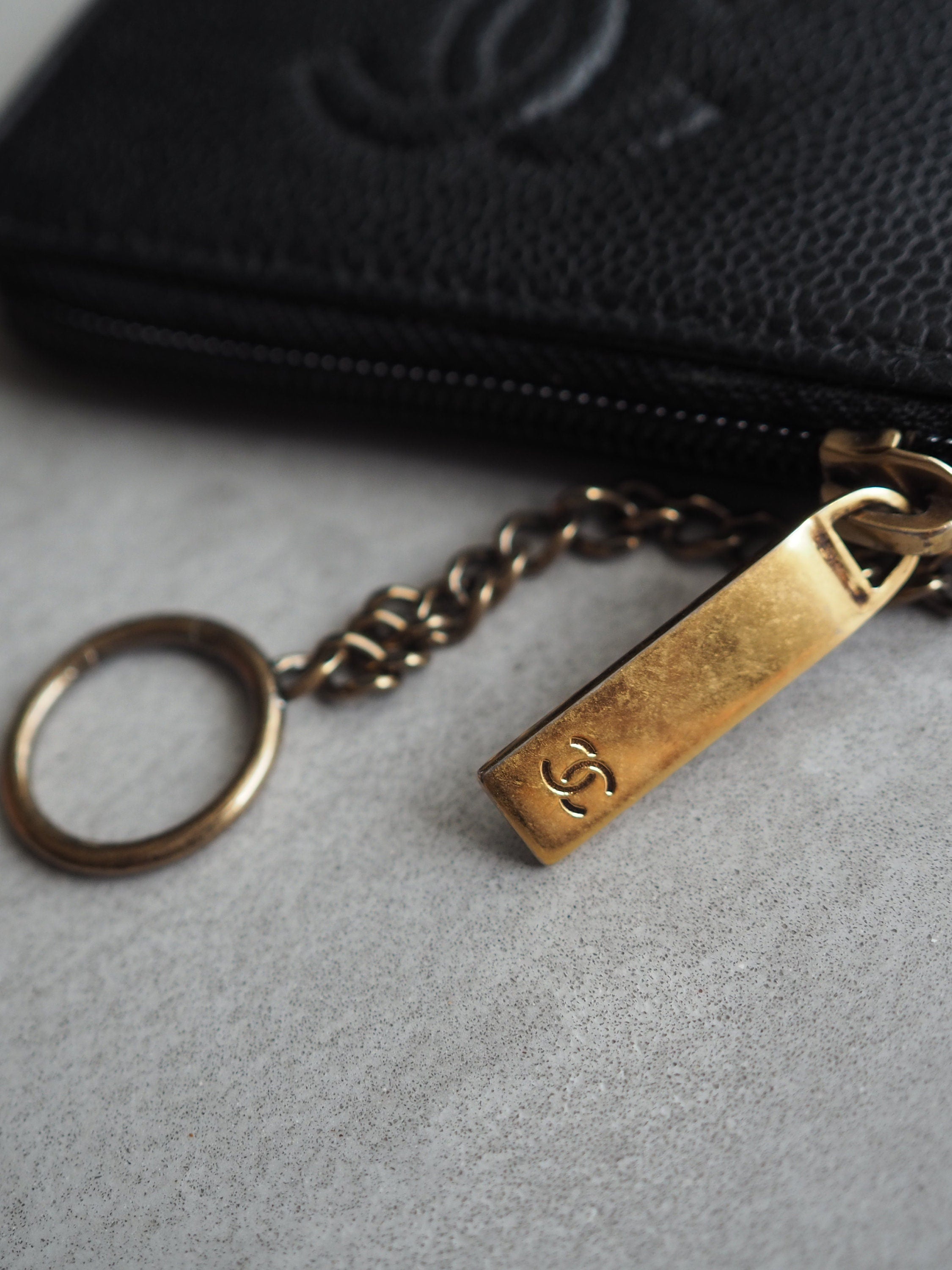 CHANEL COCO Coin Case Purse Key chain Caviar Skin Leather Black Authentic Vintage Box