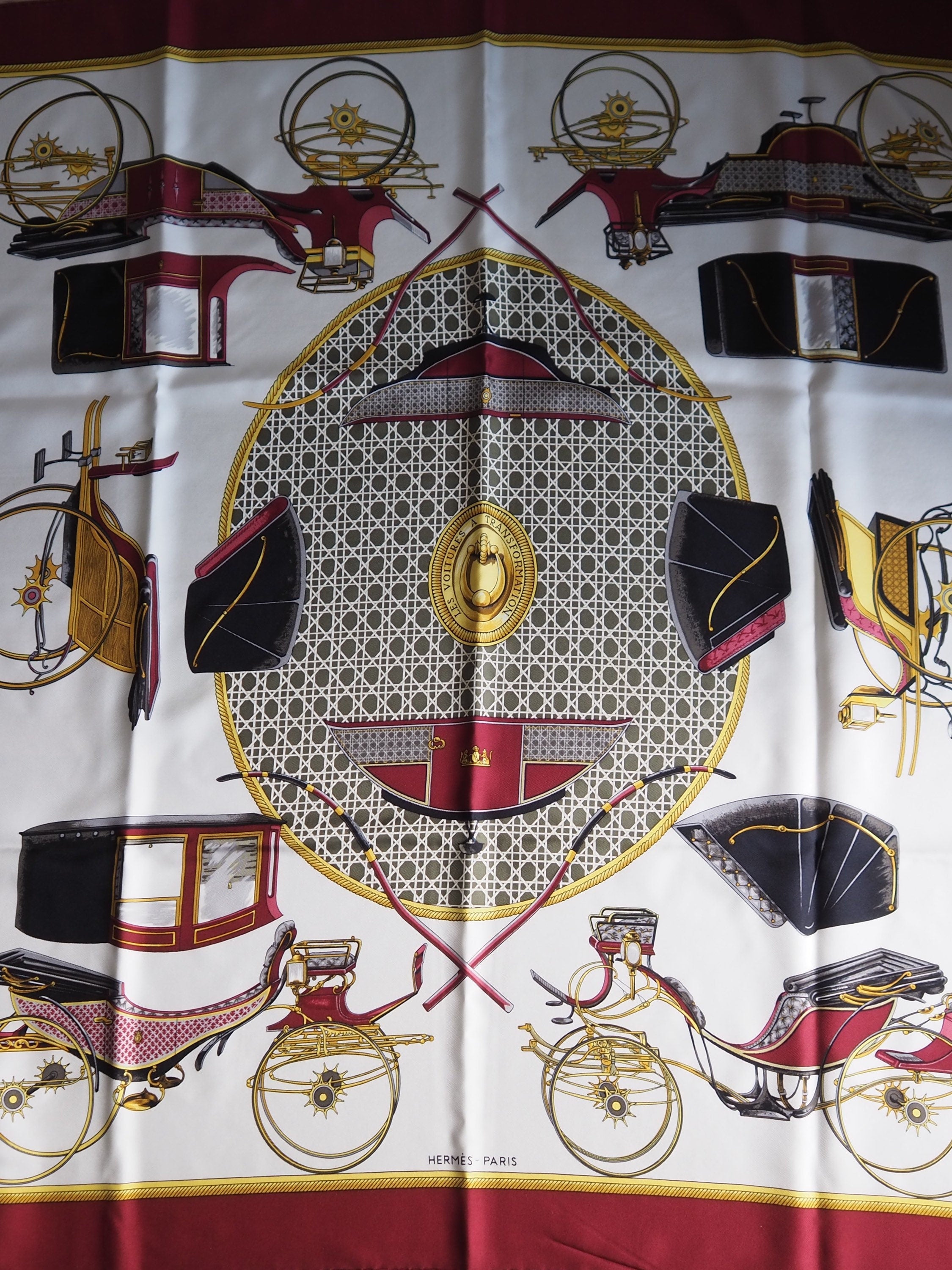 HERMES Scarf Carre 90 " Les Voitures a Transformation " Bordeaux Authentic