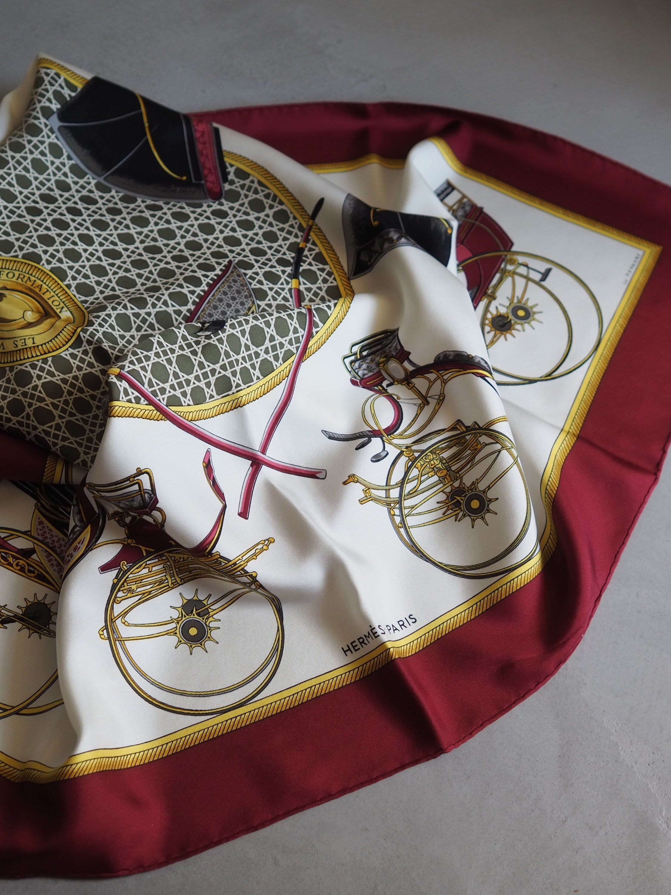 HERMES Scarf Carre 90 " Les Voitures a Transformation " Bordeaux Authentic