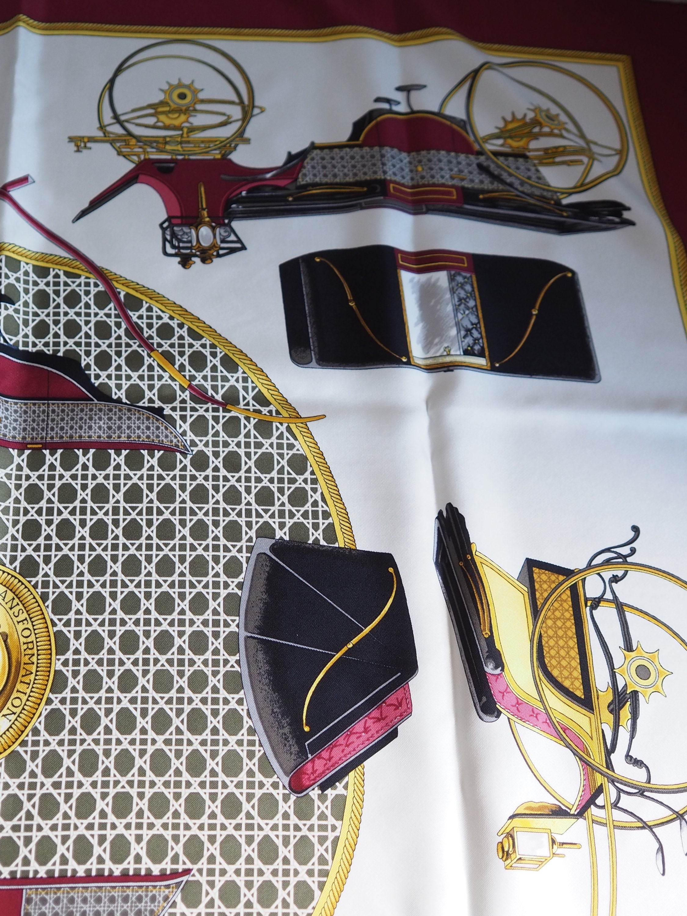HERMES Scarf Carre 90 " Les Voitures a Transformation " Bordeaux Authentic