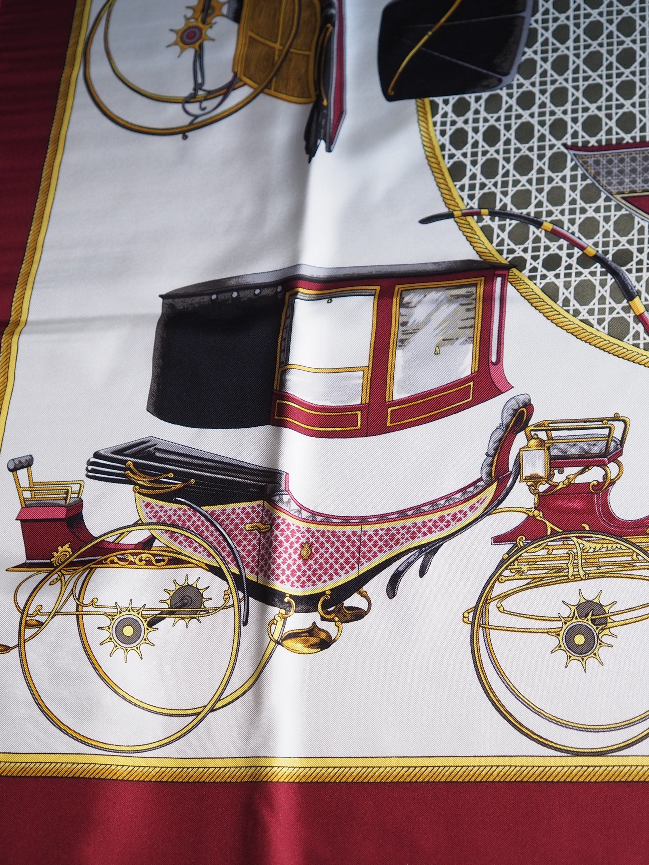 HERMES Scarf Carre 90 " Les Voitures a Transformation " Bordeaux Authentic