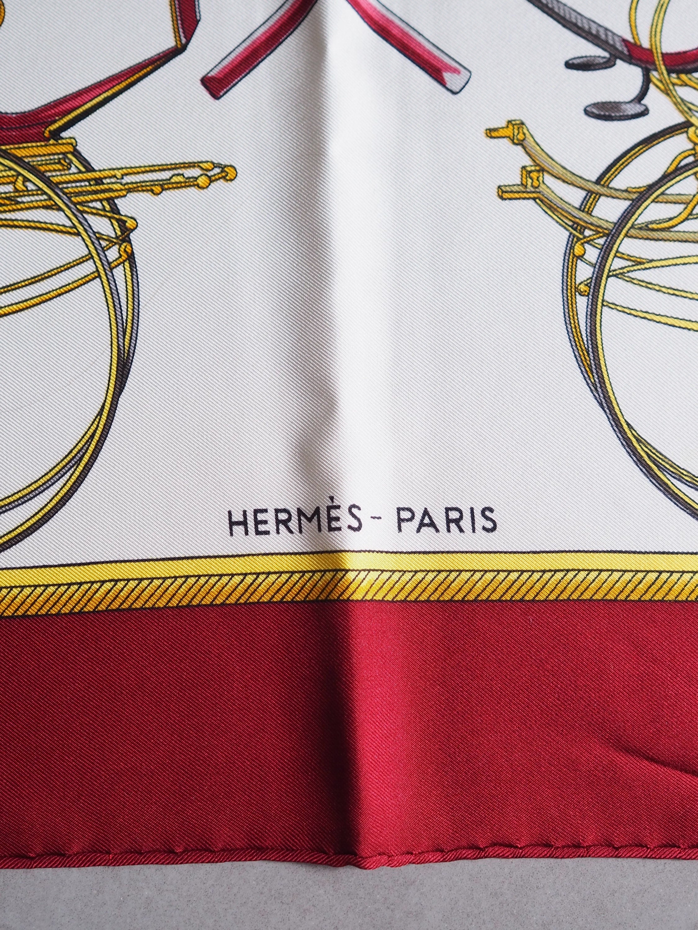 HERMES Scarf Carre 90 " Les Voitures a Transformation " Bordeaux Authentic