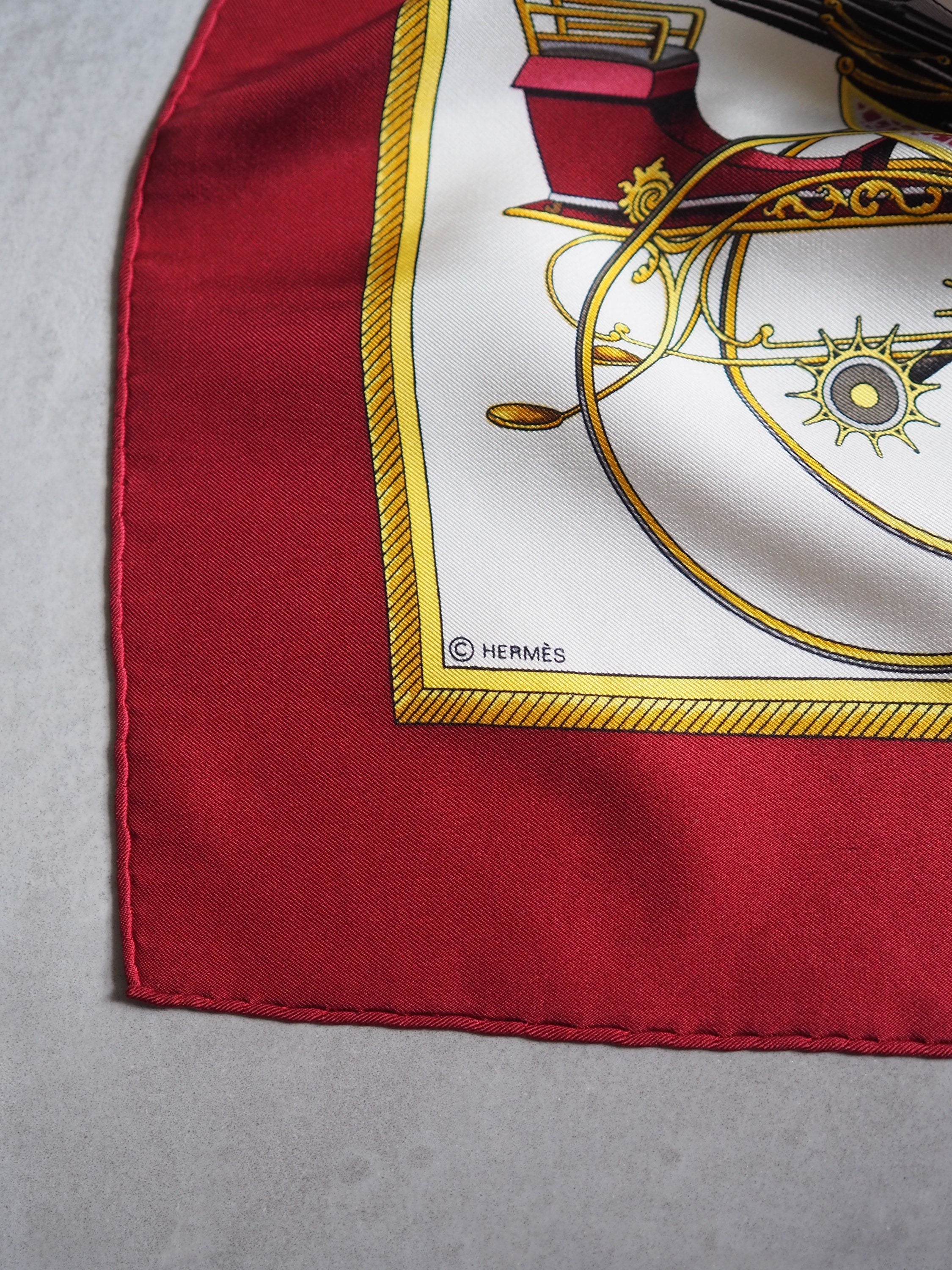 HERMES Scarf Carre 90 " Les Voitures a Transformation " Bordeaux Authentic