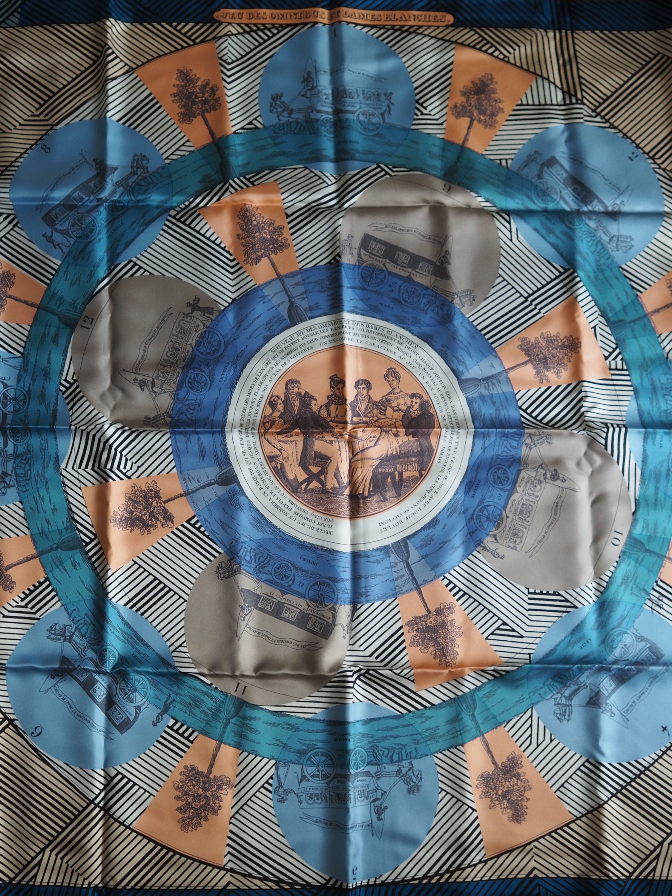 HERMES Scarf Carre 90 " jeu des omnibus et dames blanches " Blue Pink Silk Authentic